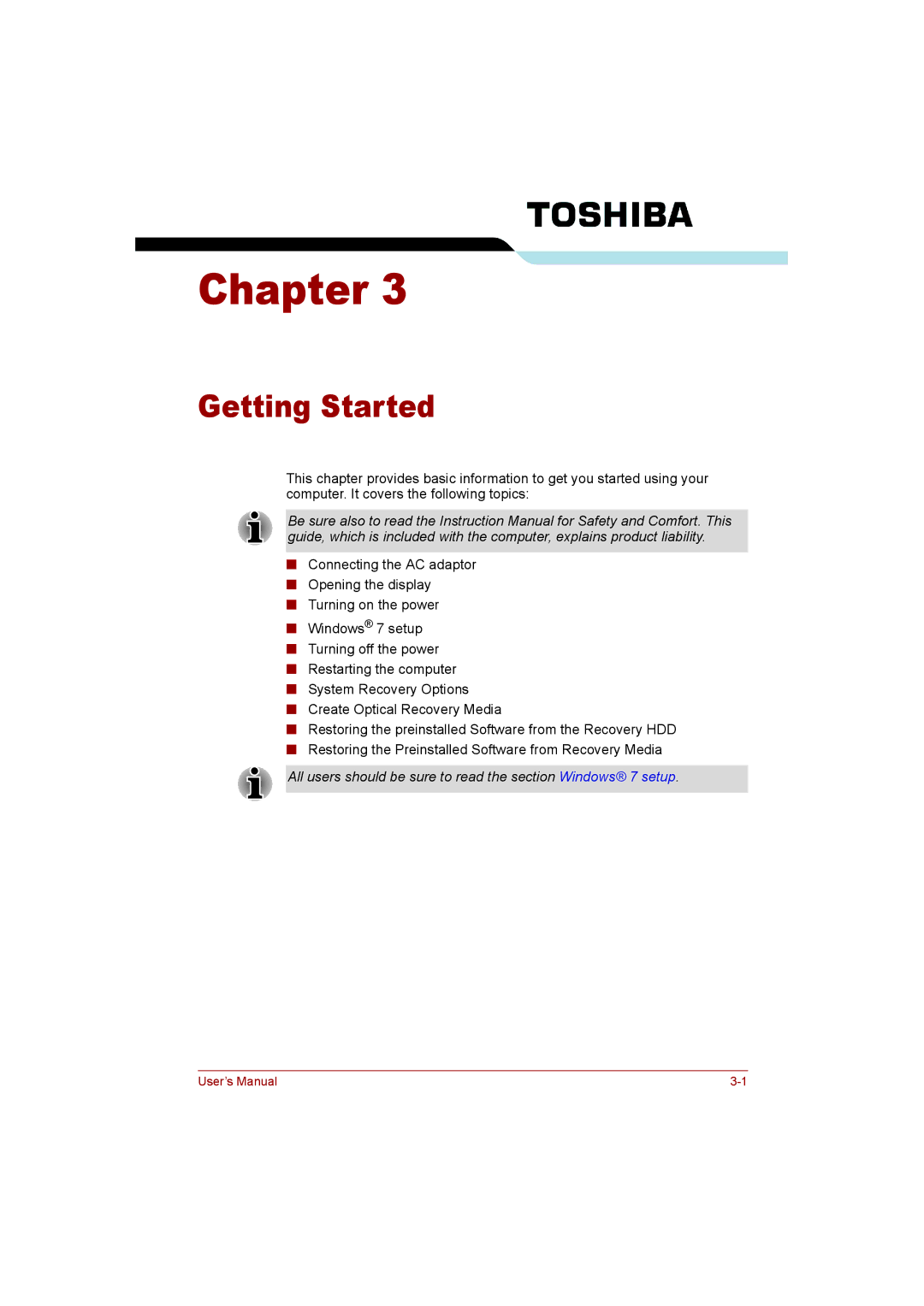 Toshiba T110 user manual Getting Started 