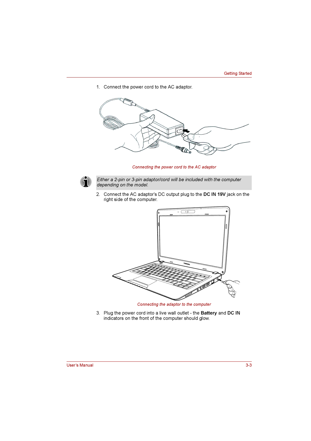 Toshiba T110 user manual Connect the power cord to the AC adaptor 