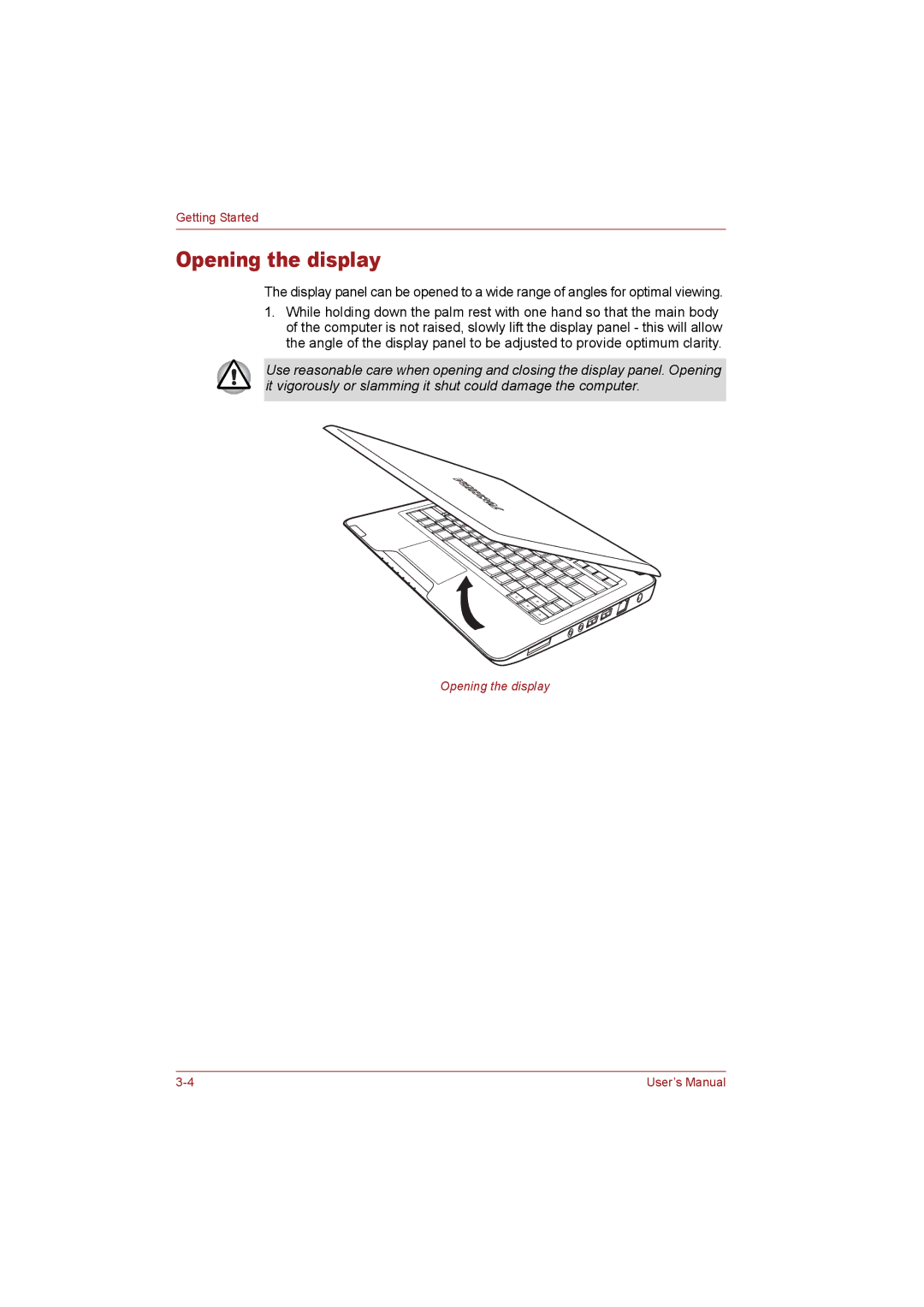 Toshiba T110 user manual Opening the display 