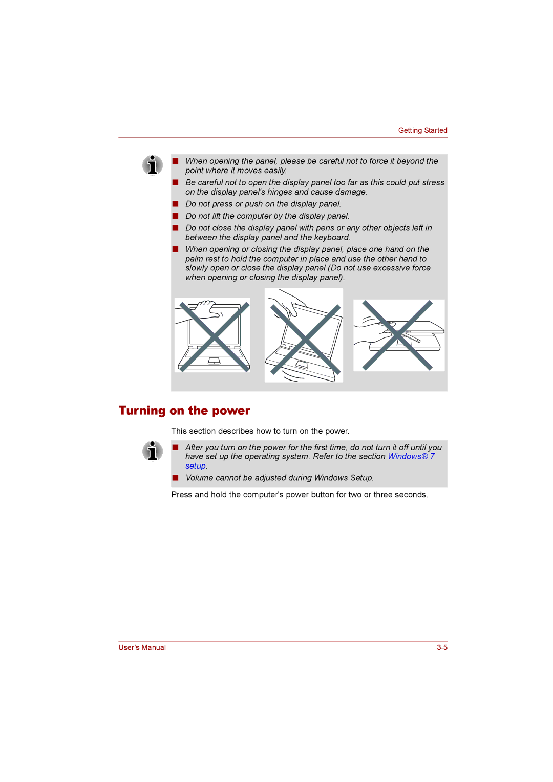 Toshiba T110 user manual Turning on the power 