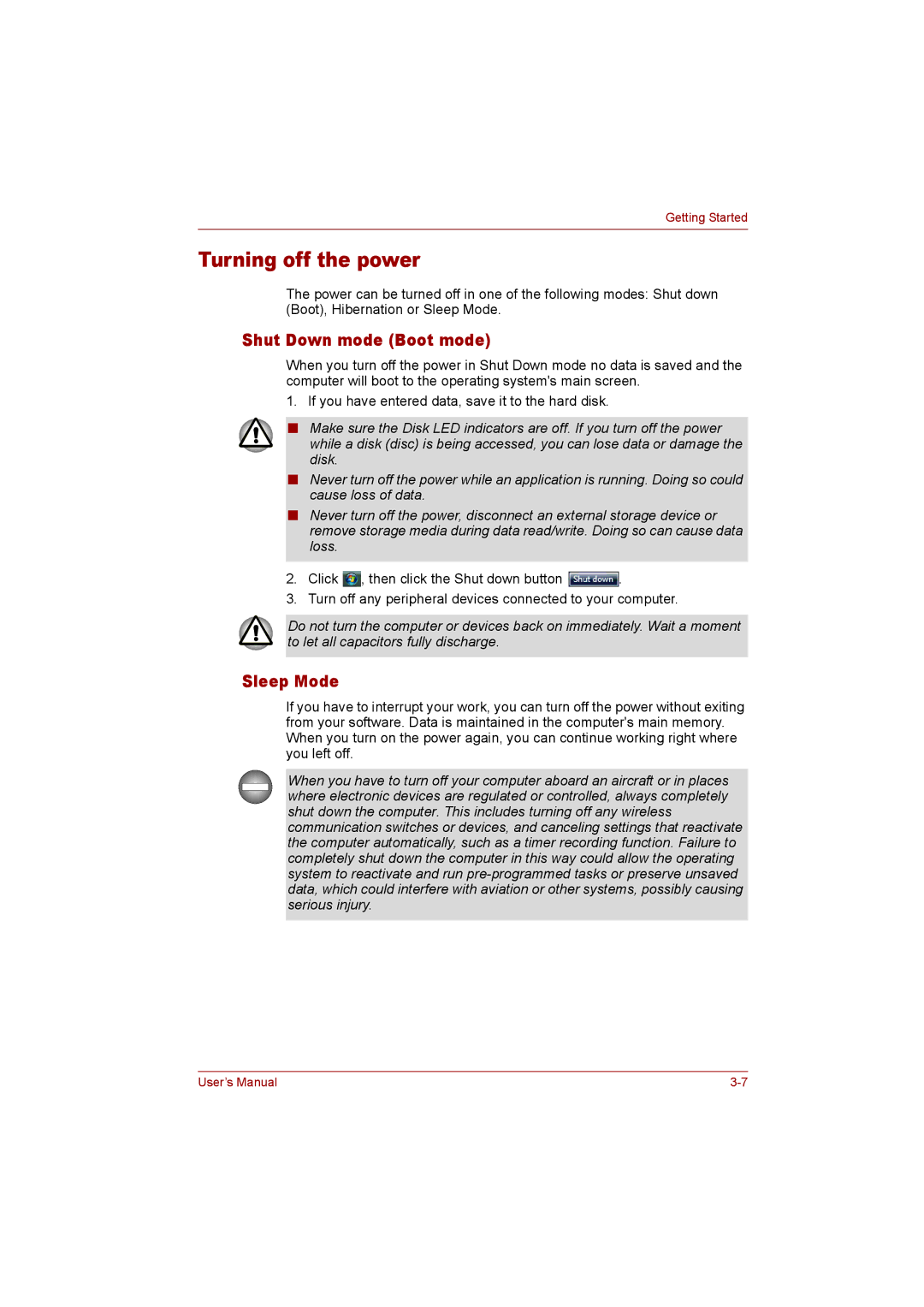 Toshiba T110 user manual Turning off the power, Shut Down mode Boot mode, Sleep Mode 