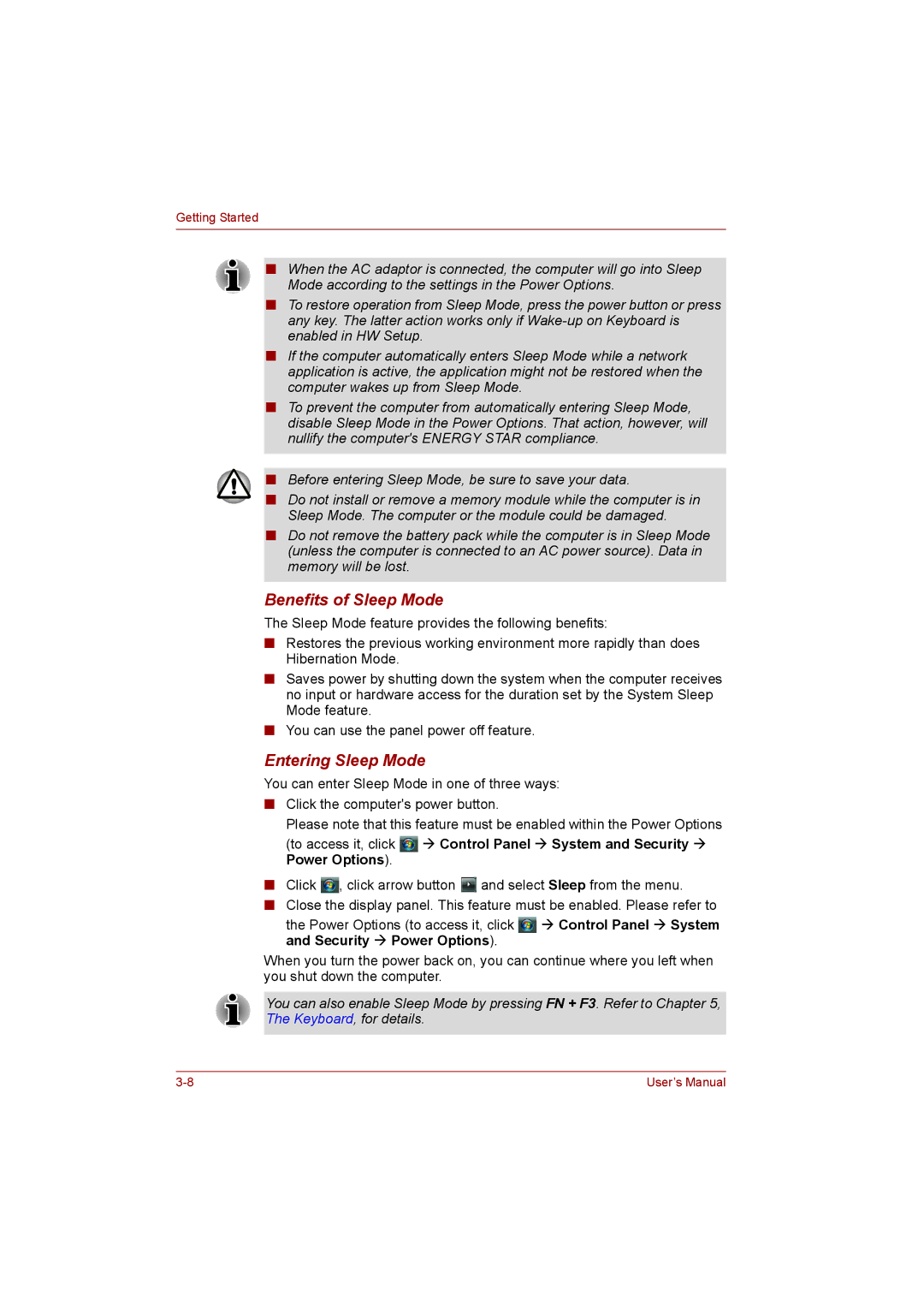 Toshiba T110 user manual Benefits of Sleep Mode, Entering Sleep Mode 