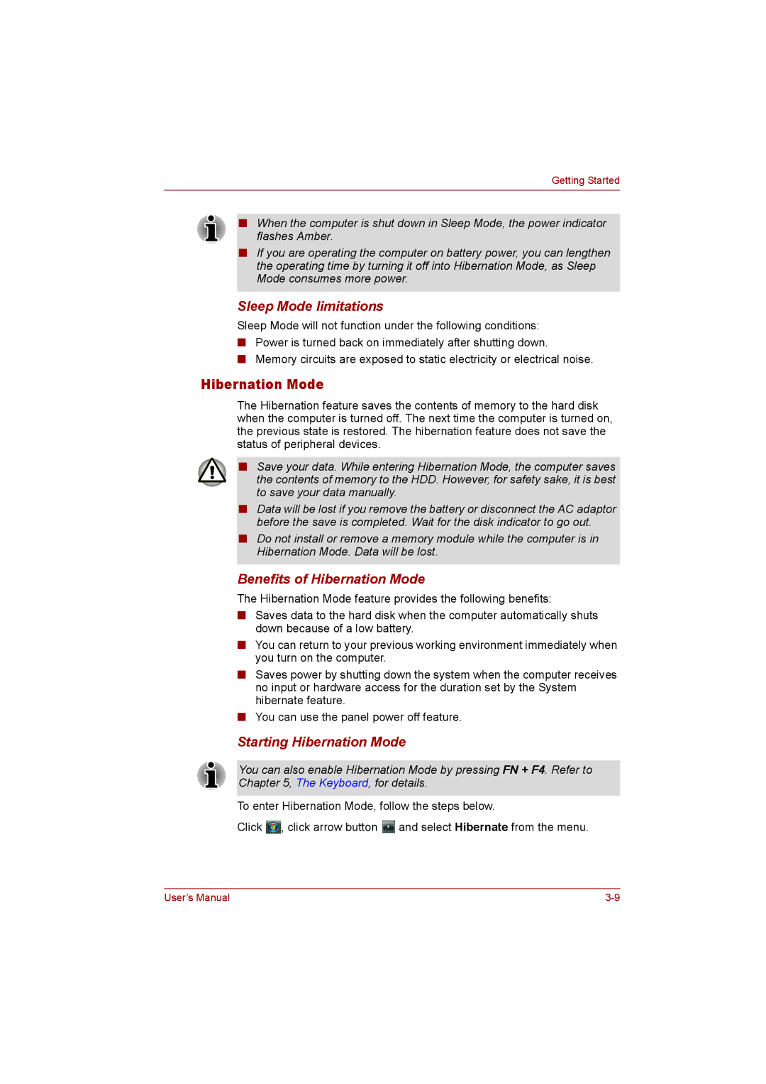 Toshiba T110 user manual Sleep Mode limitations, Benefits of Hibernation Mode, Starting Hibernation Mode 