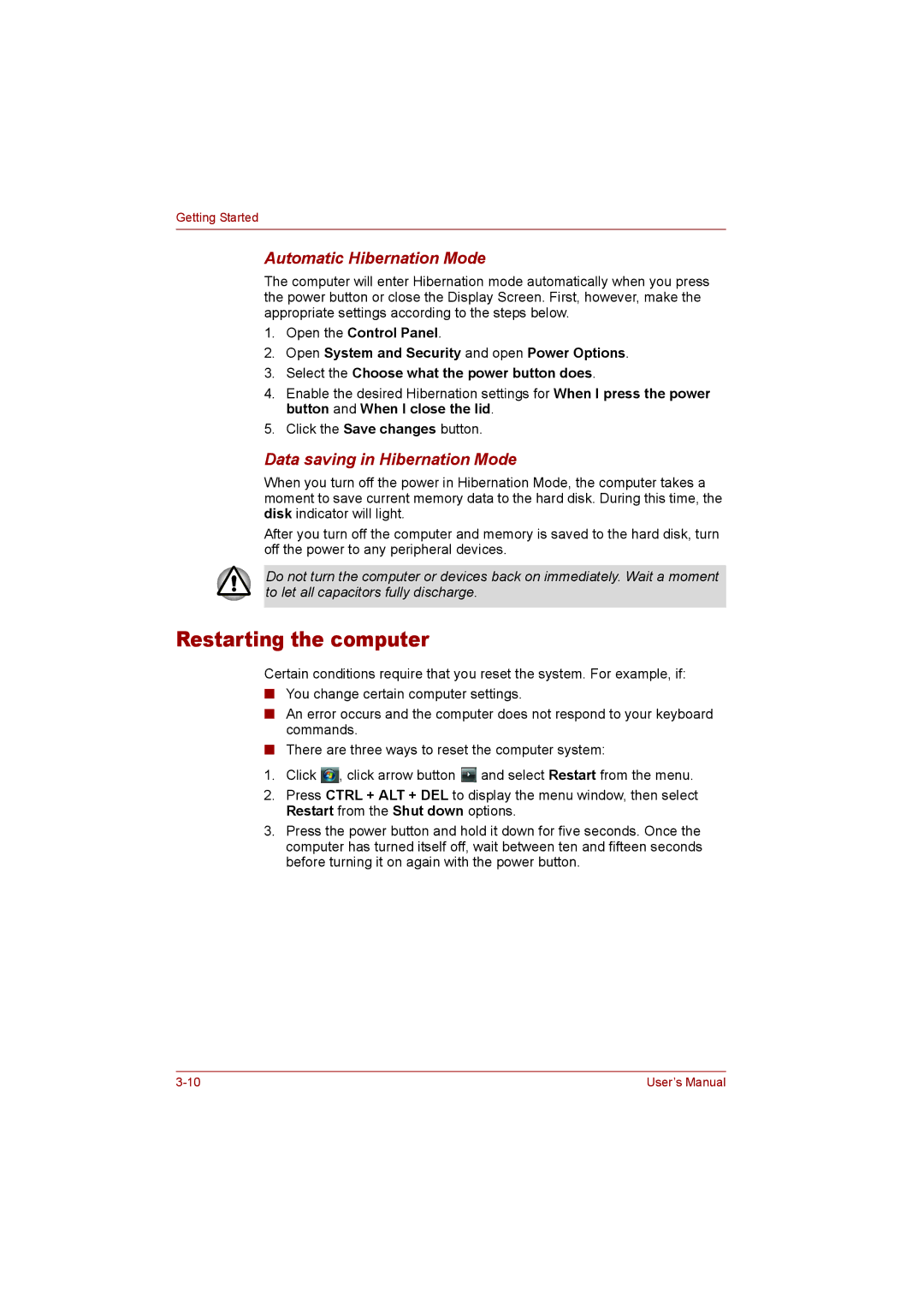 Toshiba T110 user manual Restarting the computer, Automatic Hibernation Mode, Data saving in Hibernation Mode 