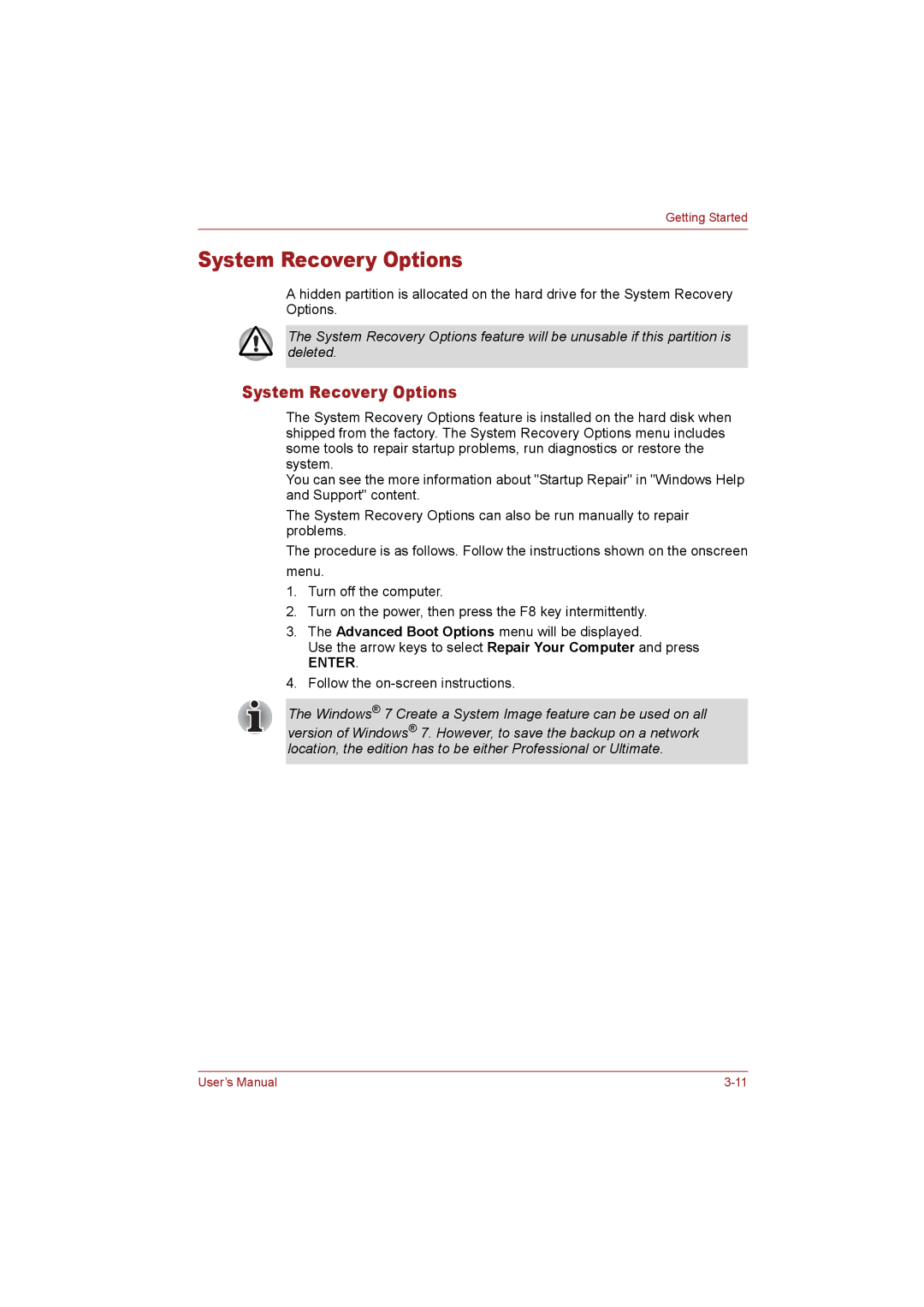 Toshiba T110 user manual System Recovery Options 