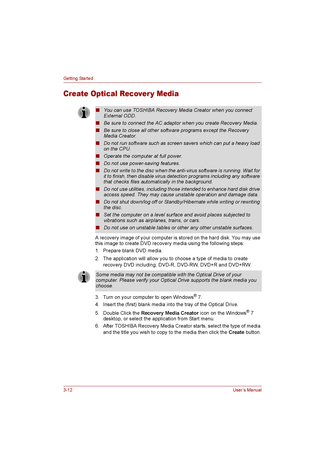 Toshiba T110 user manual Create Optical Recovery Media 