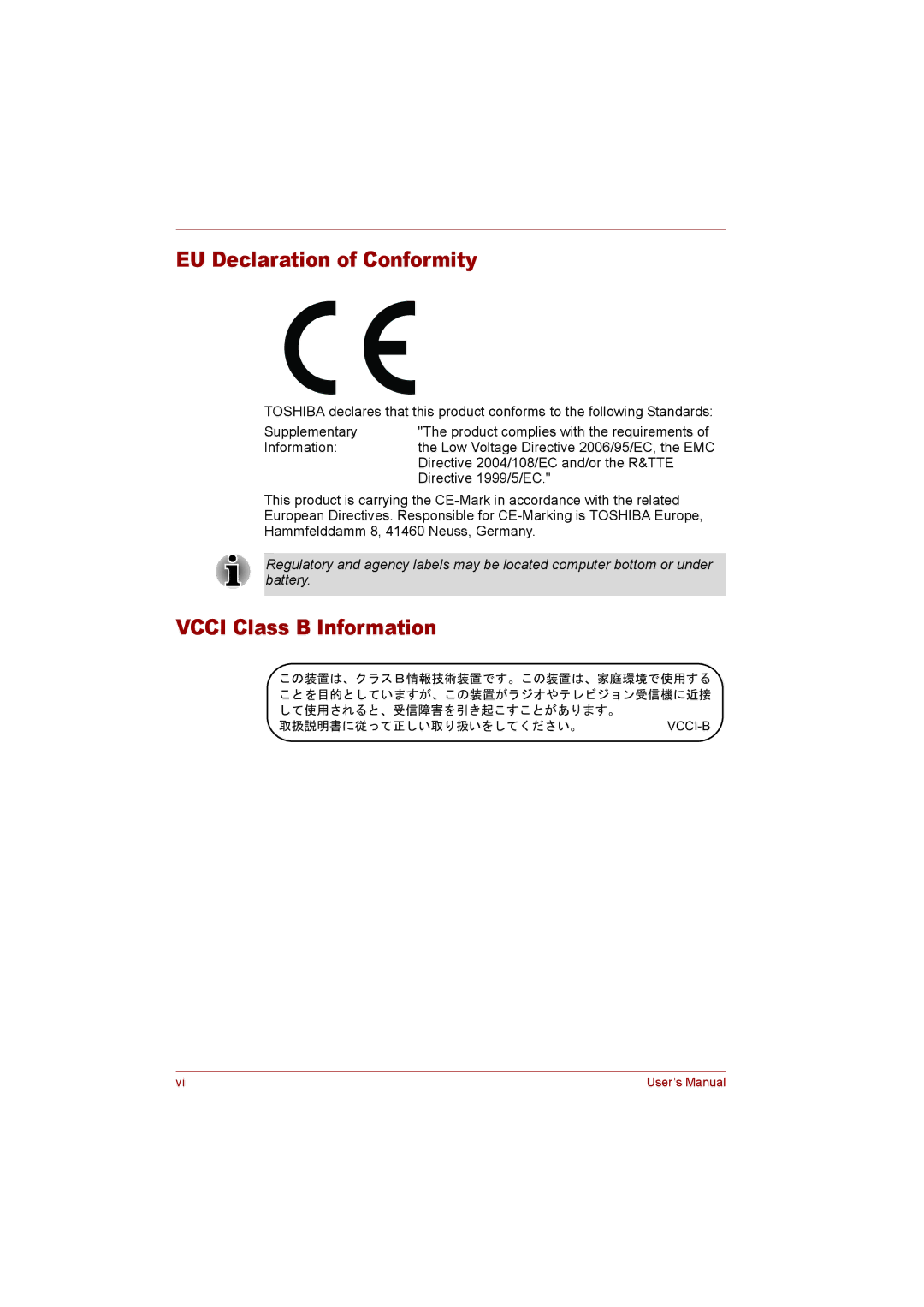 Toshiba T110 user manual EU Declaration of Conformity, Vcci Class B Information 