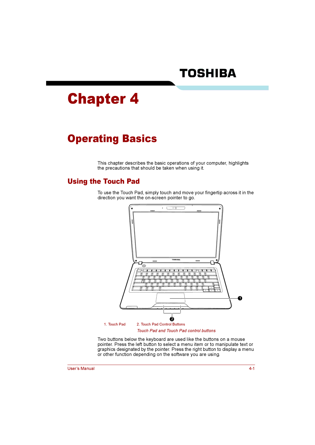 Toshiba T110 user manual Operating Basics, Using the Touch Pad 