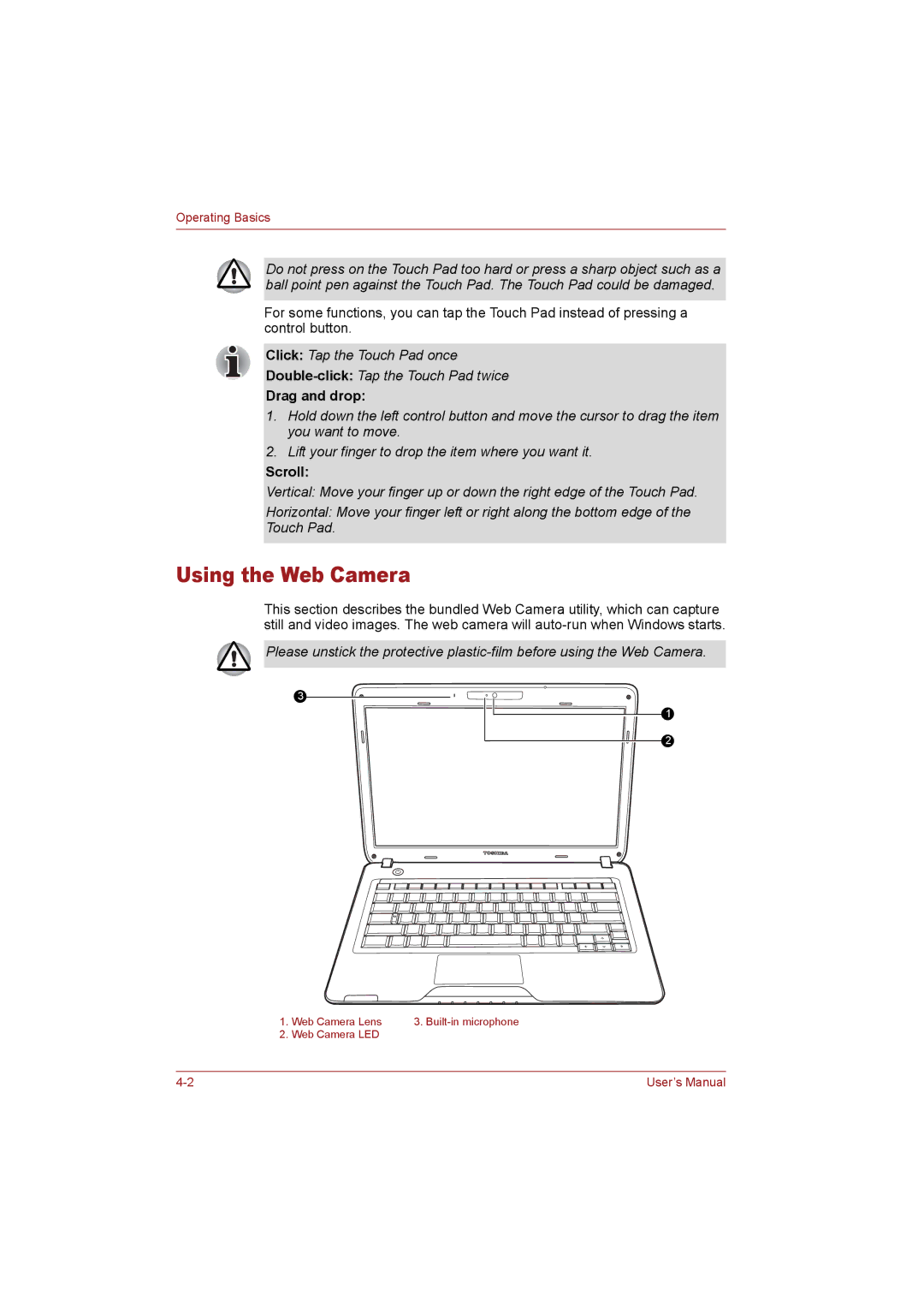 Toshiba T110 user manual Using the Web Camera, Drag and drop, Scroll 