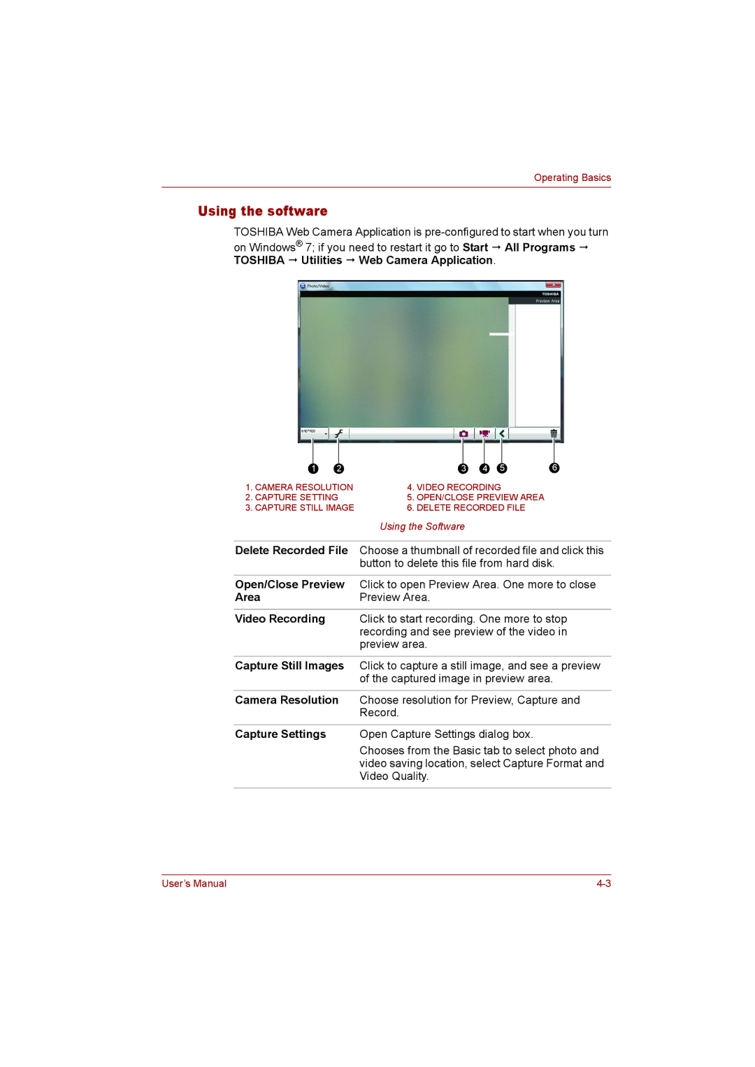 Toshiba T110 user manual Using the software 