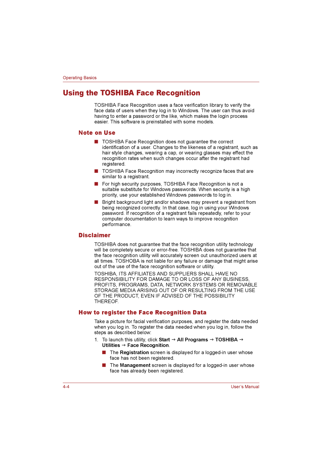 Toshiba T110 user manual Using the Toshiba Face Recognition, Disclaimer, How to register the Face Recognition Data 