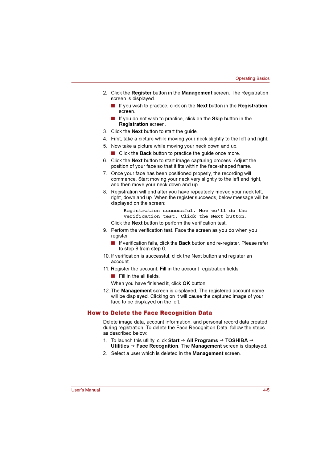 Toshiba T110 user manual How to Delete the Face Recognition Data 