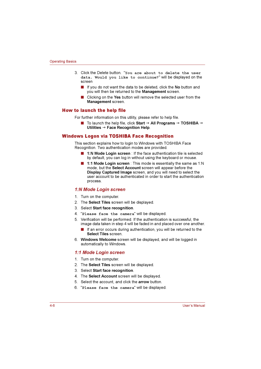 Toshiba T110 user manual How to launch the help file, Windows Logon via Toshiba Face Recognition, 1N Mode Login screen 