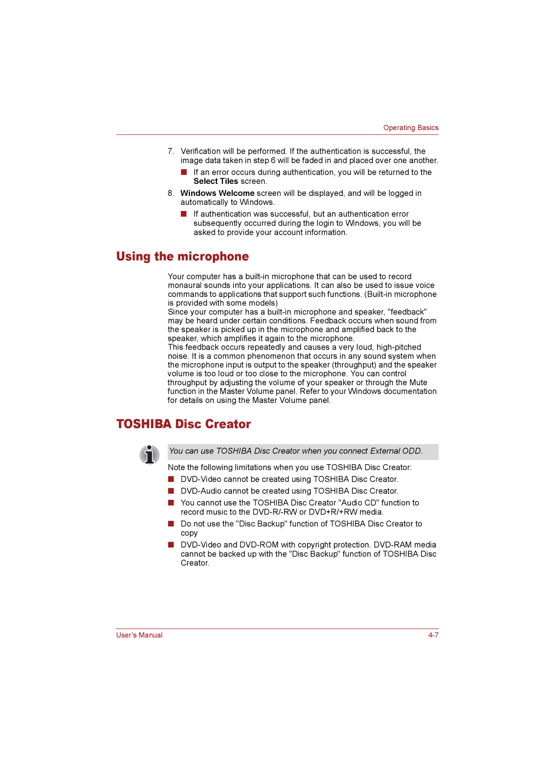 Toshiba T110 user manual Using the microphone, Toshiba Disc Creator 