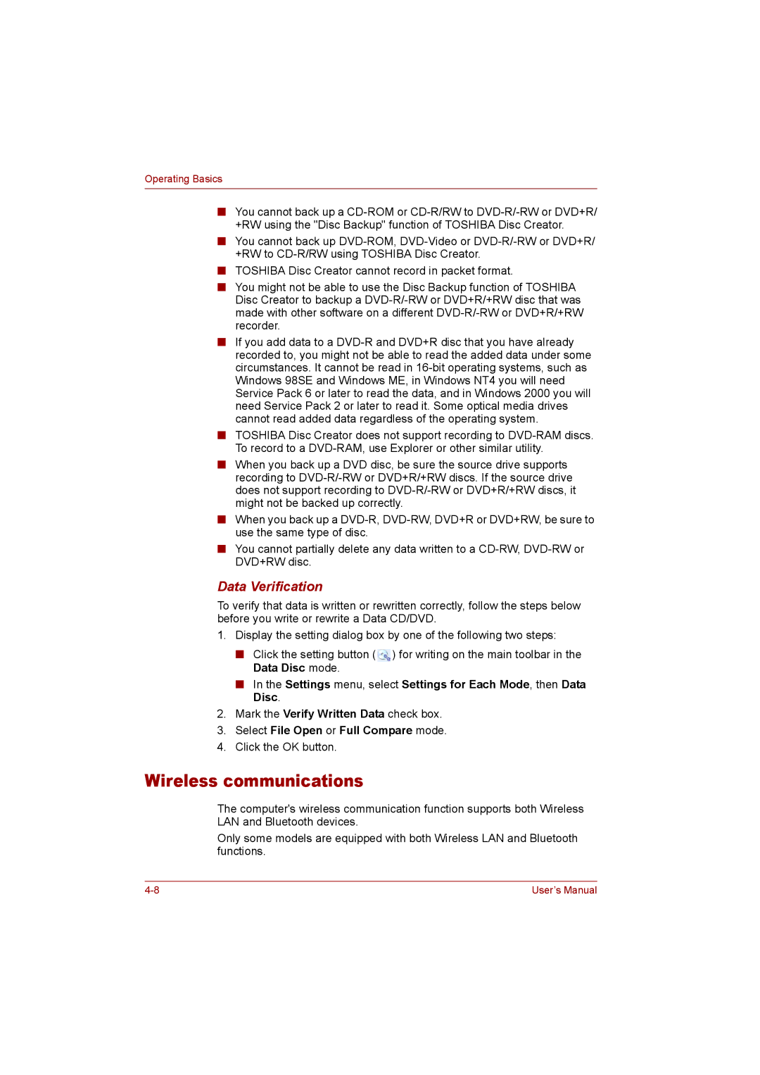 Toshiba T110 user manual Wireless communications, Data Verification 