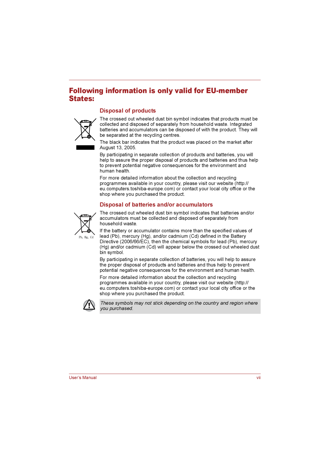 Toshiba T110 user manual Following information is only valid for EU-member States, Disposal of products 