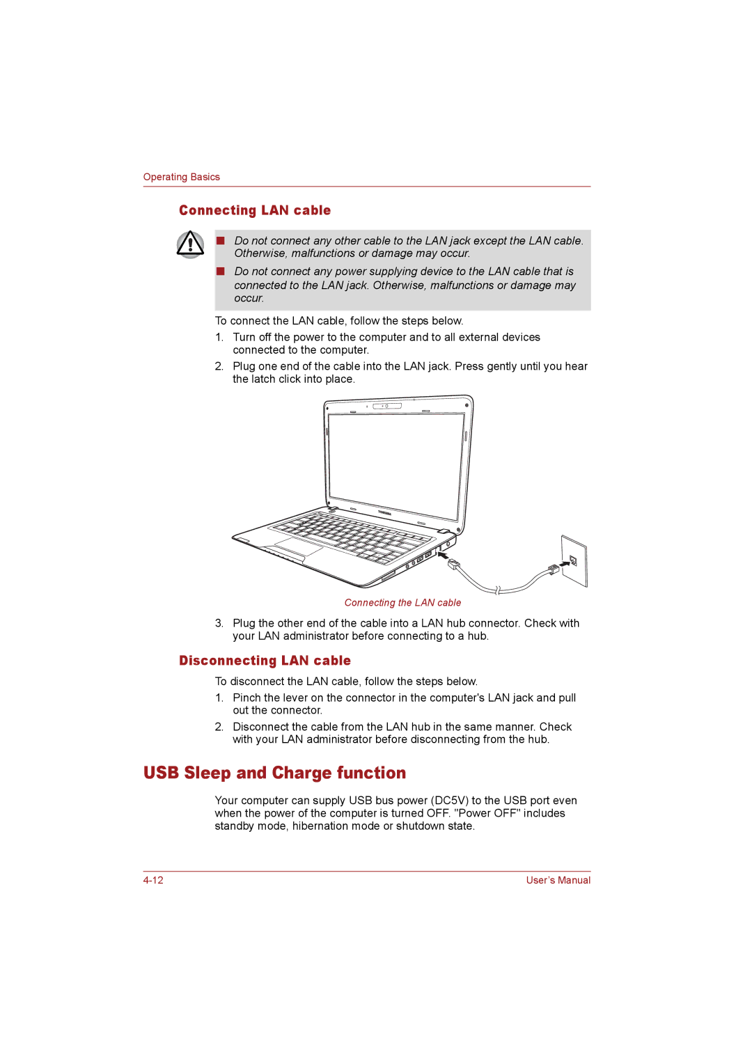 Toshiba T110 user manual USB Sleep and Charge function, Connecting LAN cable, Disconnecting LAN cable 