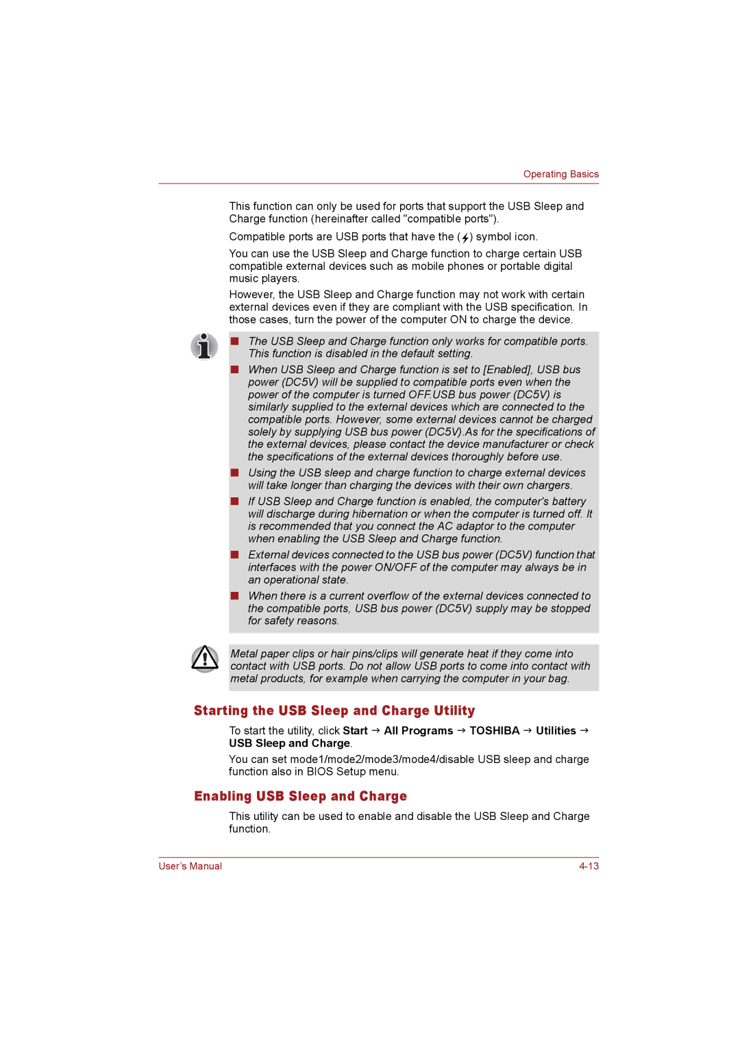 Toshiba T110 user manual Starting the USB Sleep and Charge Utility, Enabling USB Sleep and Charge 