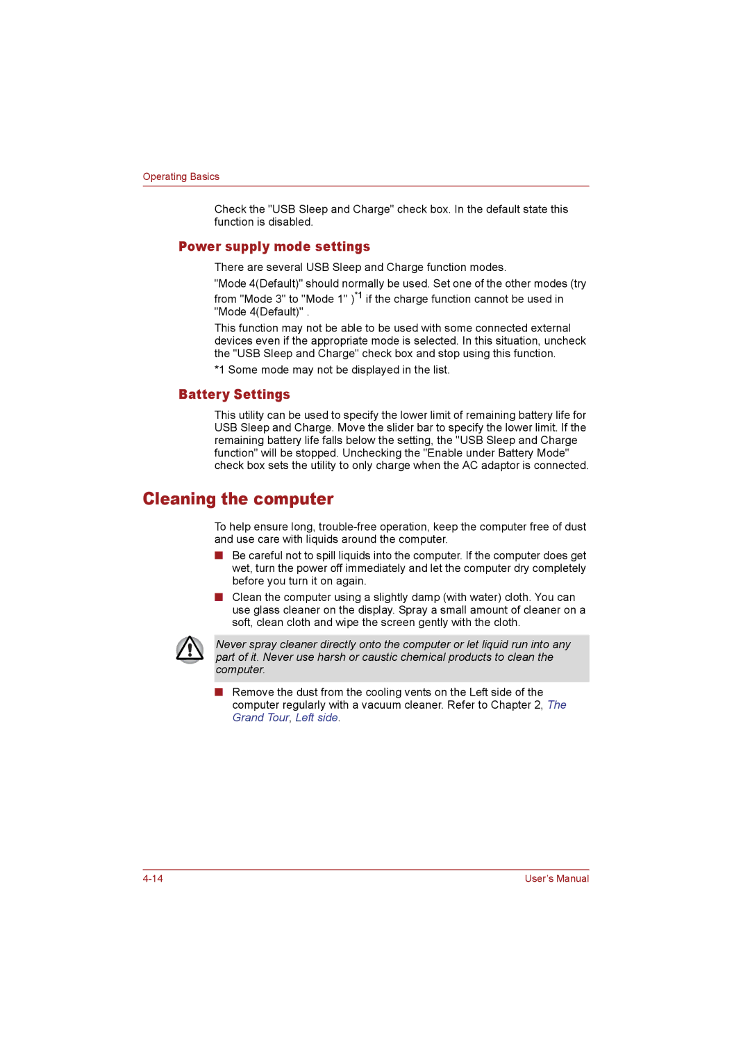 Toshiba T110 user manual Cleaning the computer, Power supply mode settings, Battery Settings 