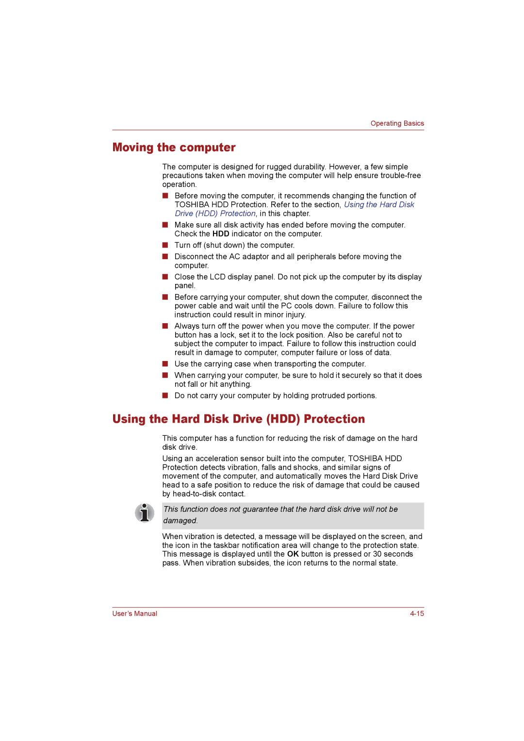 Toshiba T110 user manual Moving the computer, Using the Hard Disk Drive HDD Protection 