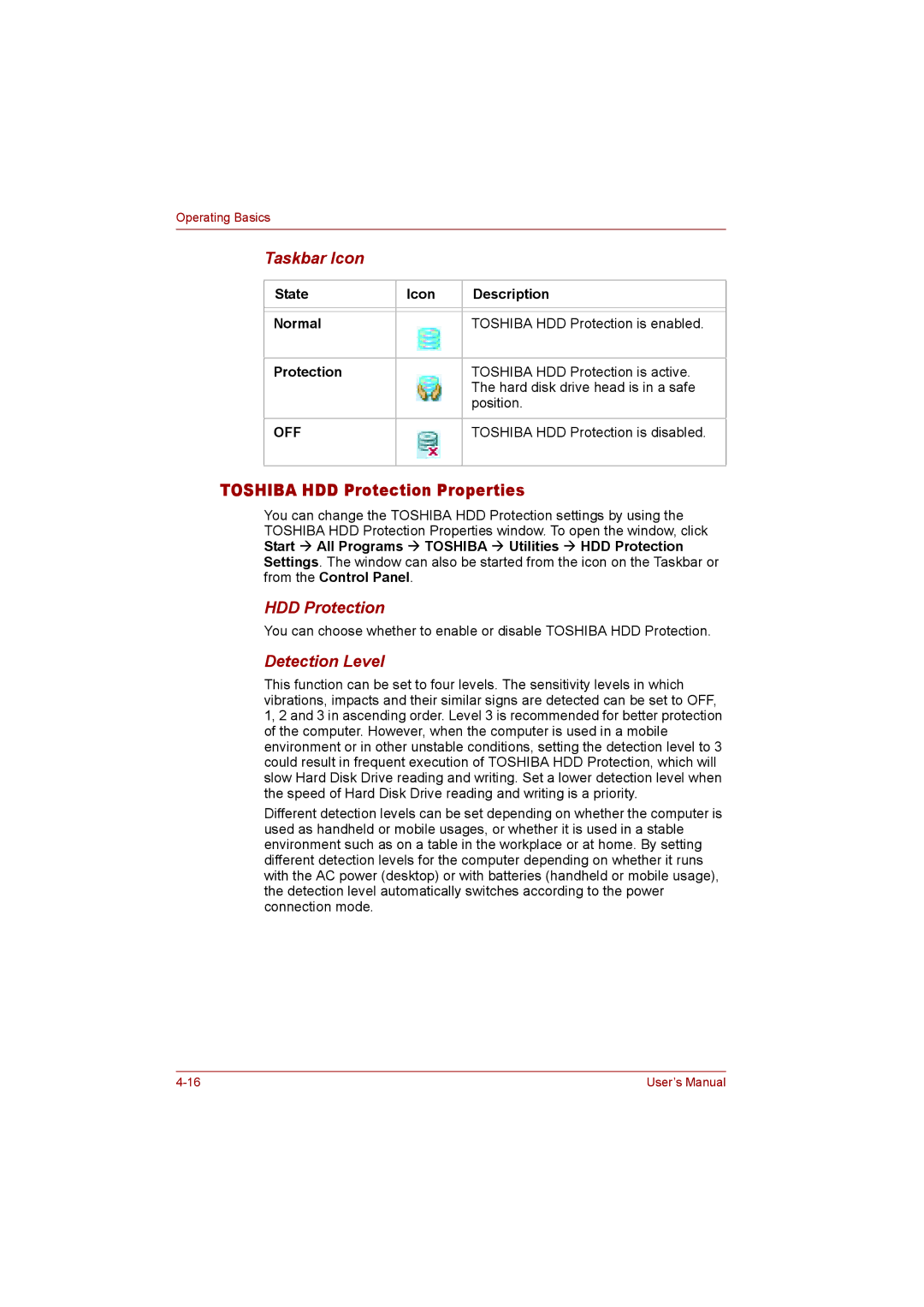 Toshiba T110 Toshiba HDD Protection Properties, Taskbar Icon, Detection Level, Toshiba HDD Protection is disabled 