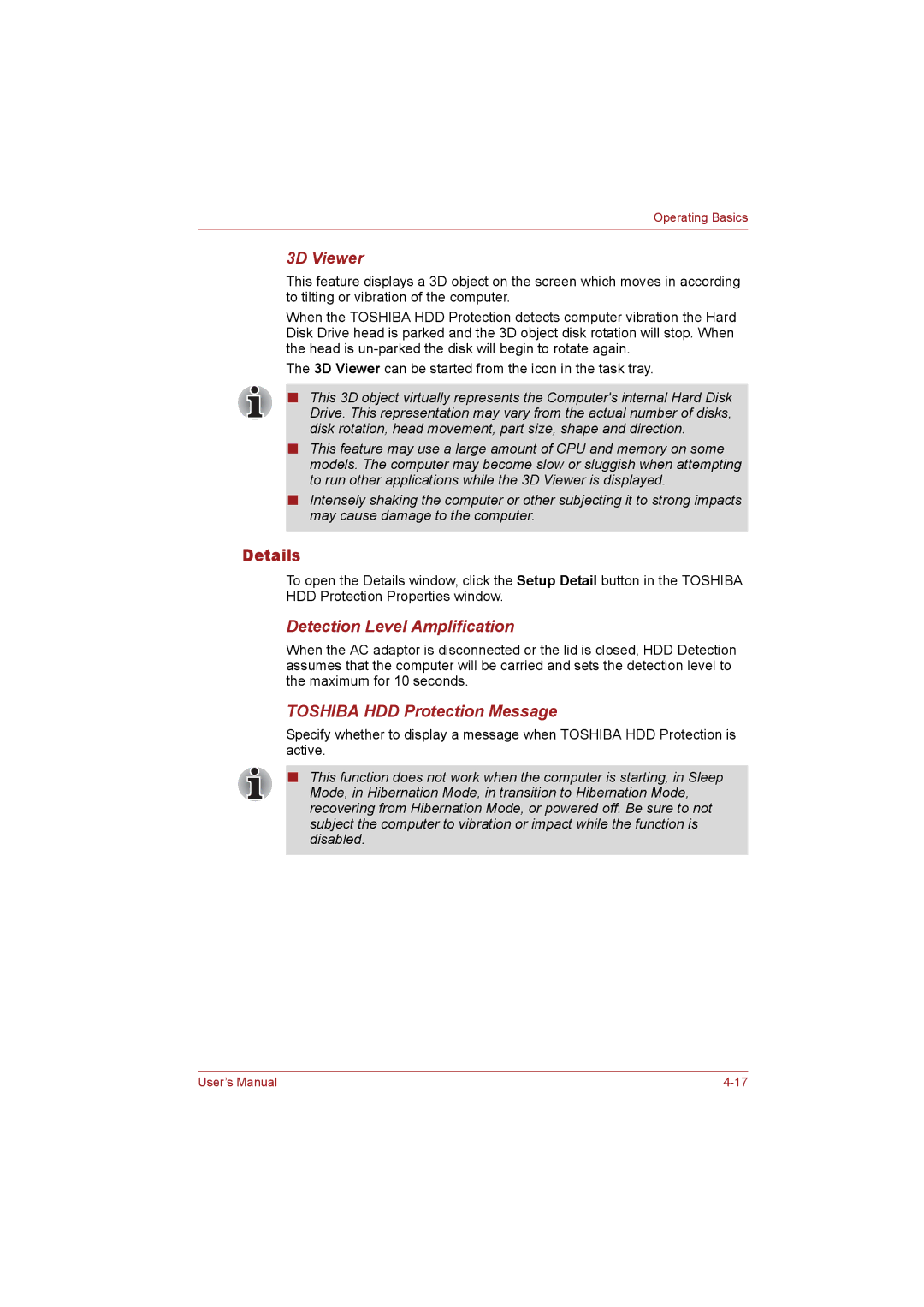 Toshiba T110 user manual Details, 3D Viewer, Detection Level Amplification, Toshiba HDD Protection Message 