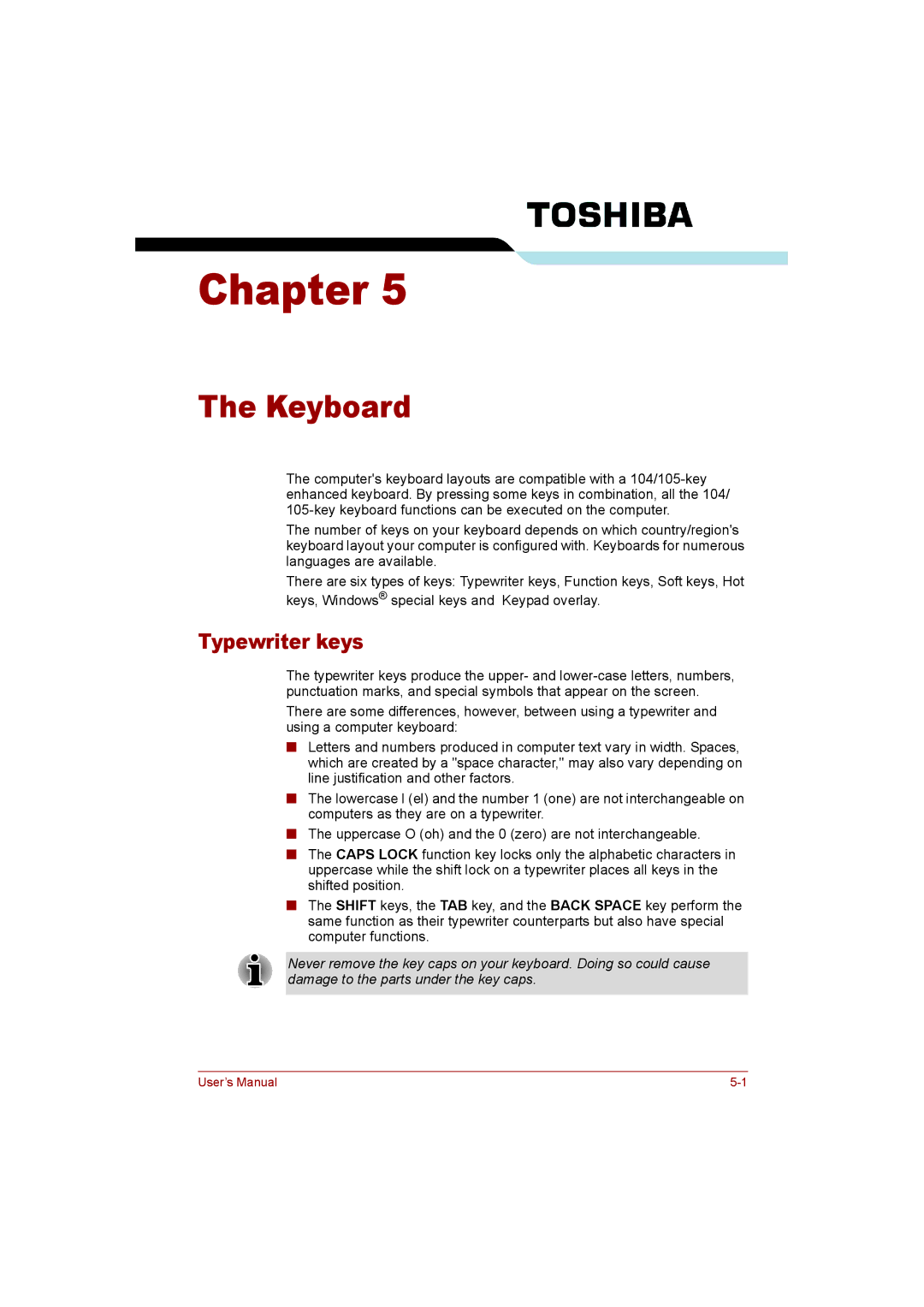 Toshiba T110 user manual Keyboard, Typewriter keys 