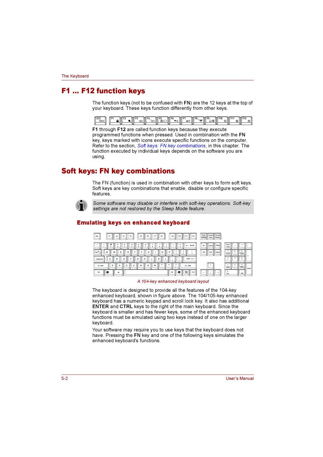 Toshiba T110 user manual F1 ... F12 function keys, Soft keys FN key combinations, Emulating keys on enhanced keyboard 