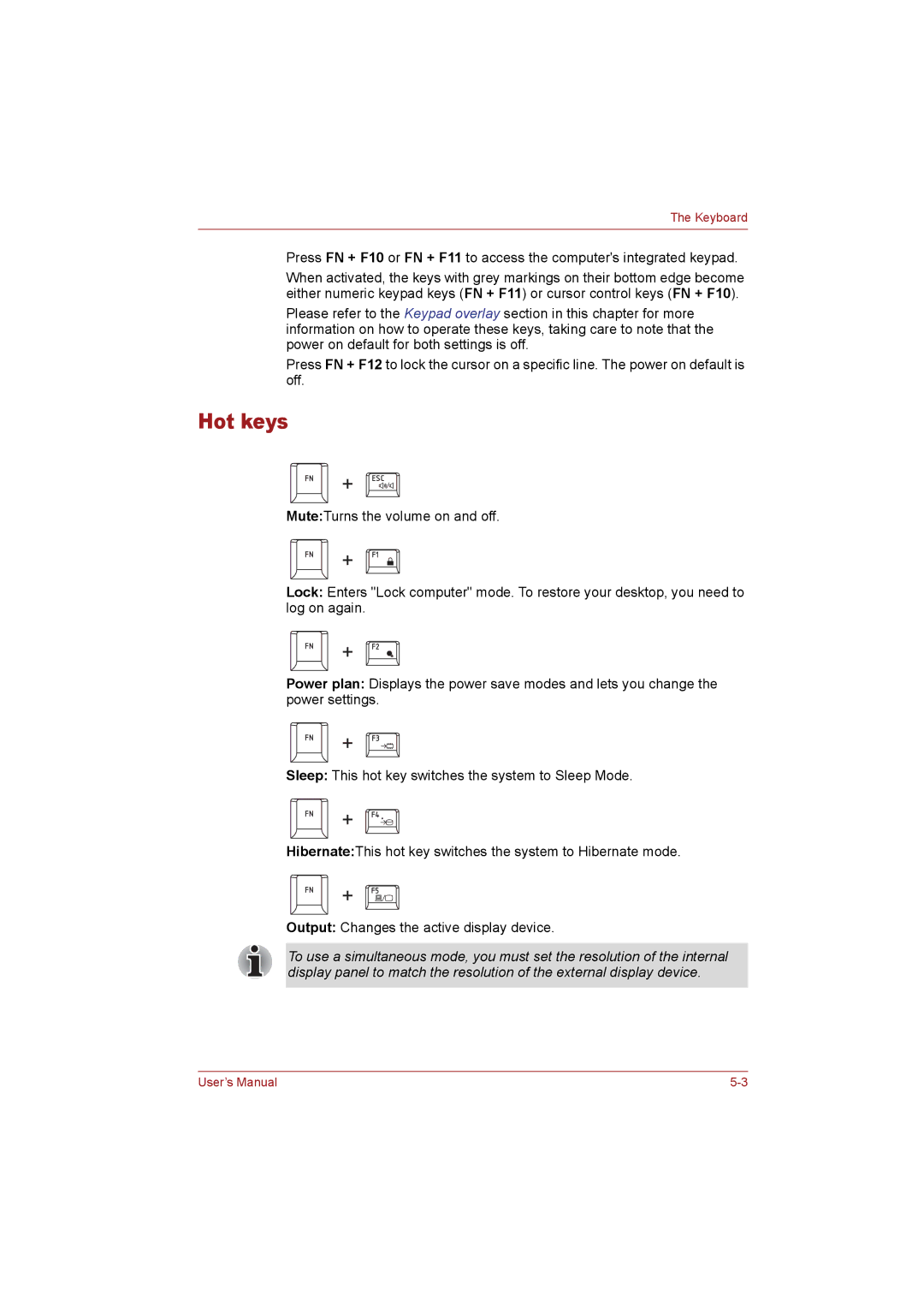 Toshiba T110 user manual Hot keys 