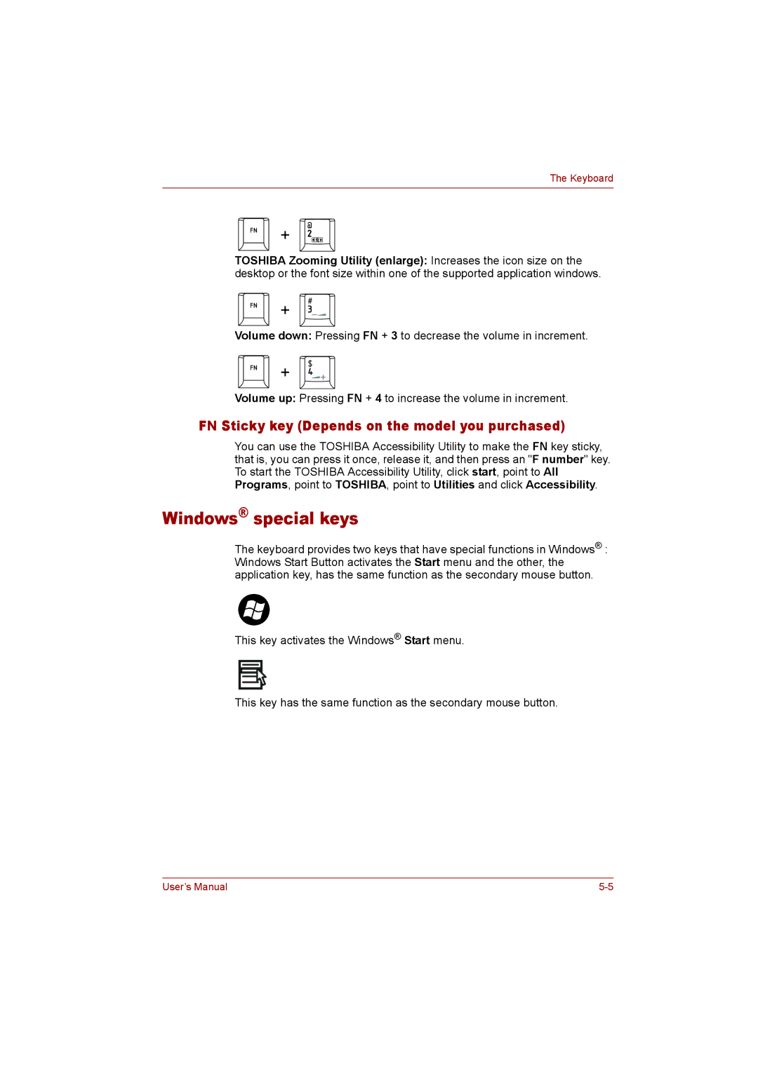 Toshiba T110 user manual Windows special keys, FN Sticky key Depends on the model you purchased 