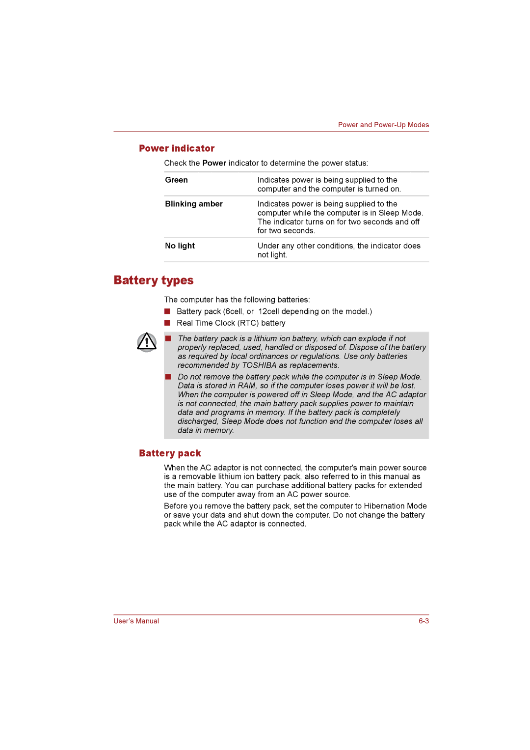 Toshiba T110 user manual Battery types, Power indicator, Battery pack, Blinking amber 