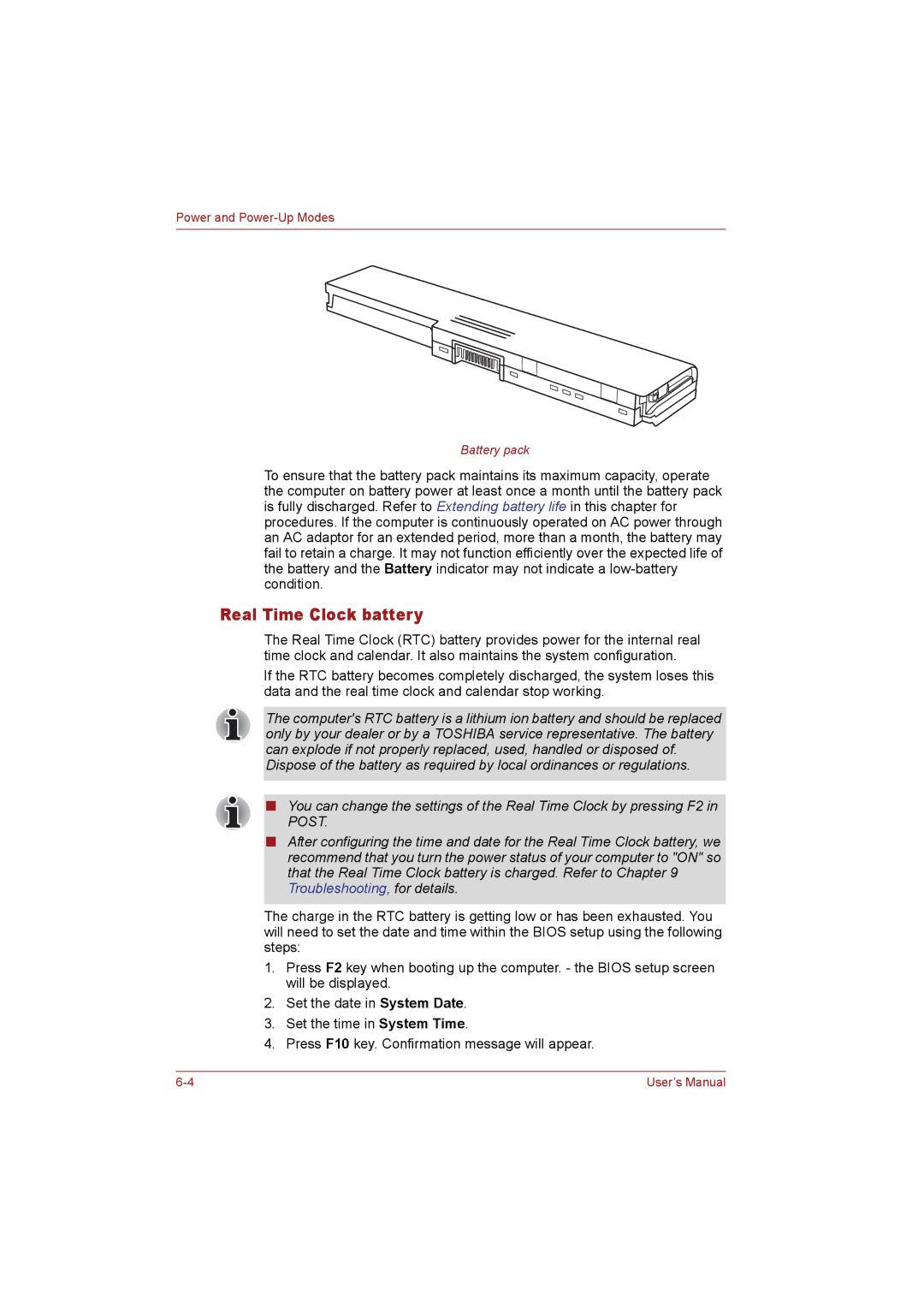 Toshiba T110 user manual Real Time Clock battery 