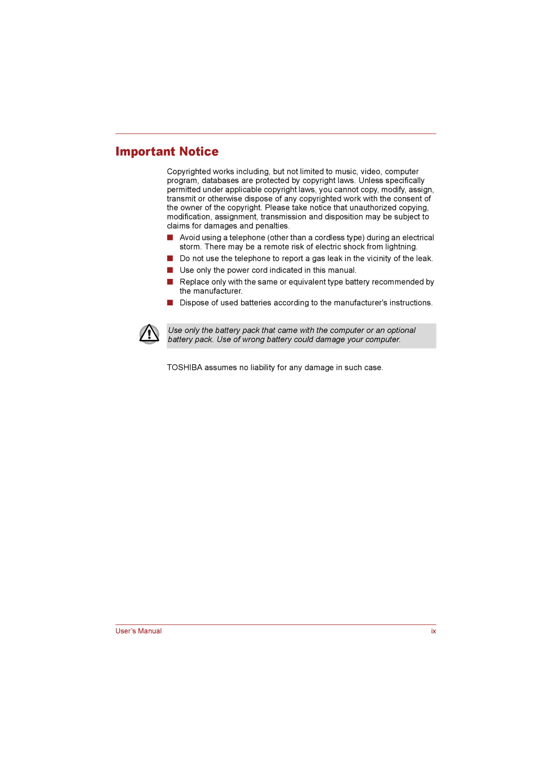 Toshiba T110 user manual Important Notice 