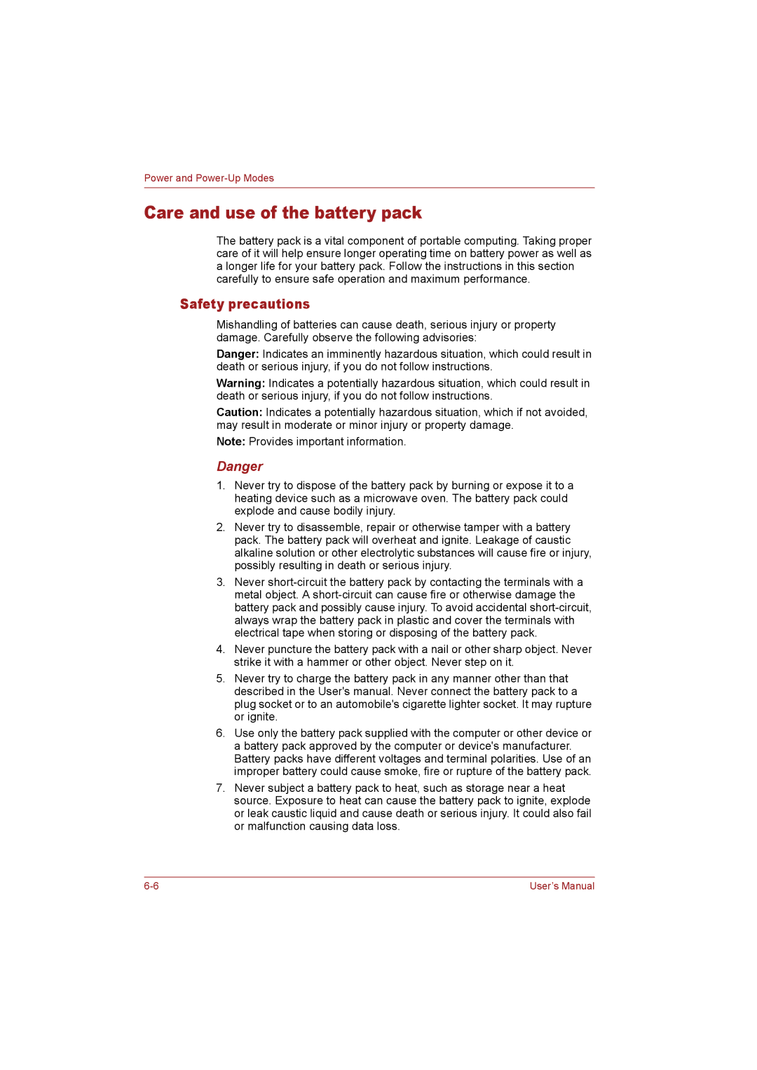 Toshiba T110 user manual Care and use of the battery pack, Safety precautions 