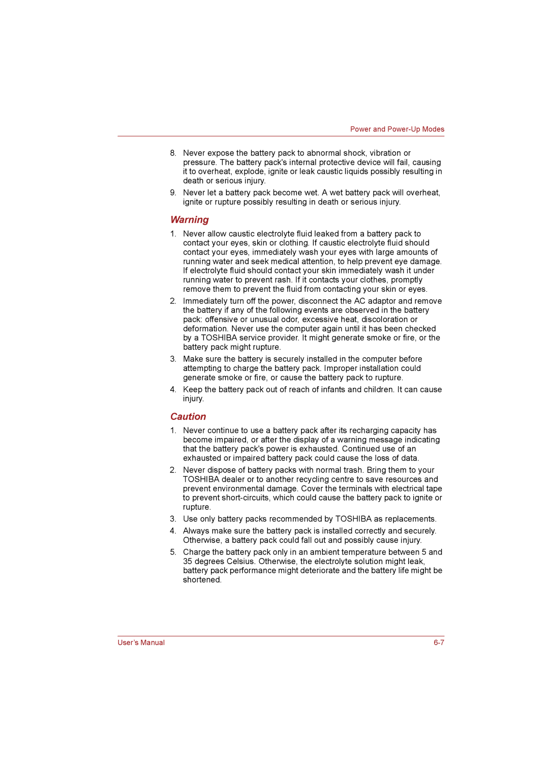 Toshiba T110 user manual Power and Power-Up Modes 