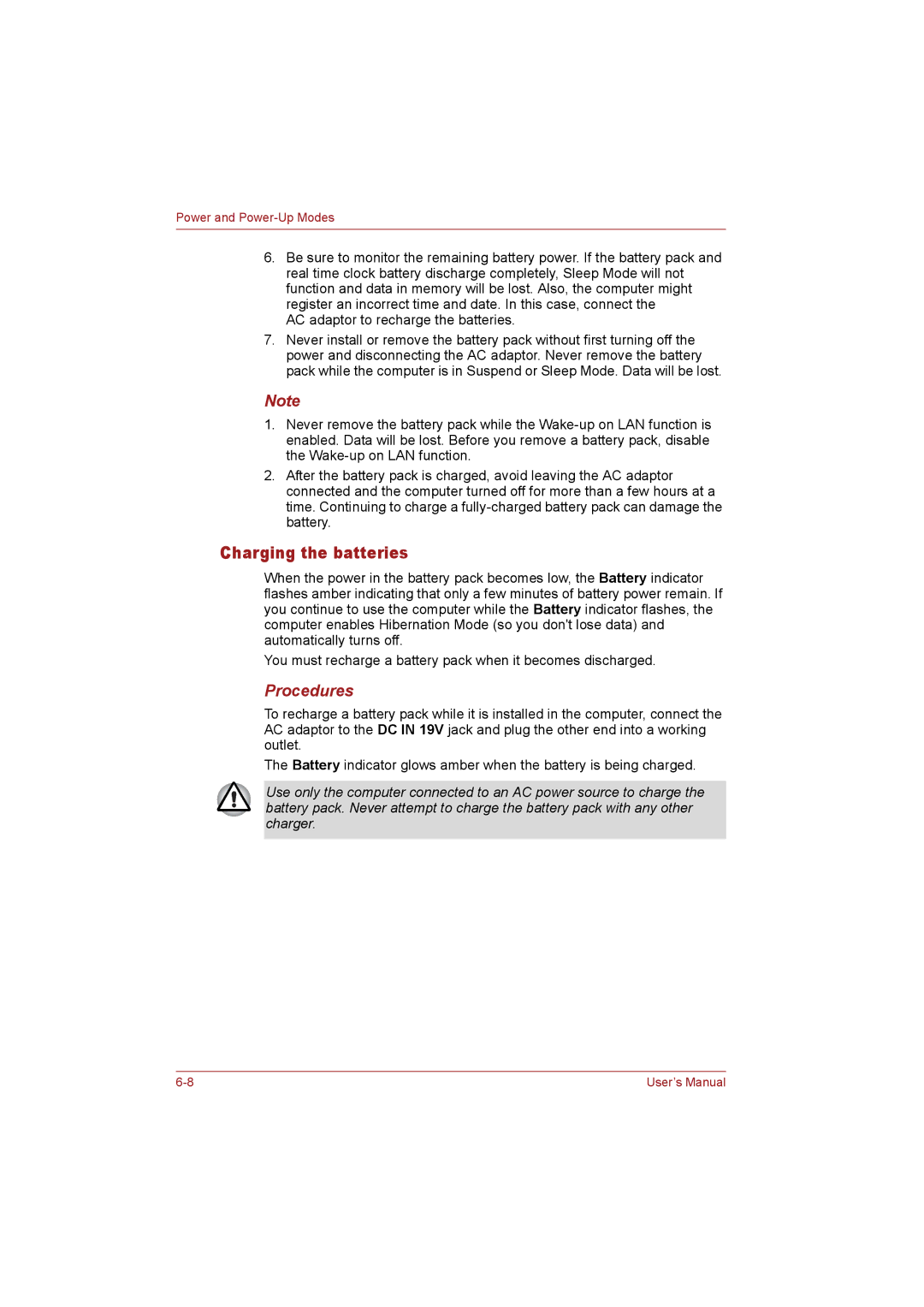 Toshiba T110 user manual Charging the batteries, Procedures 