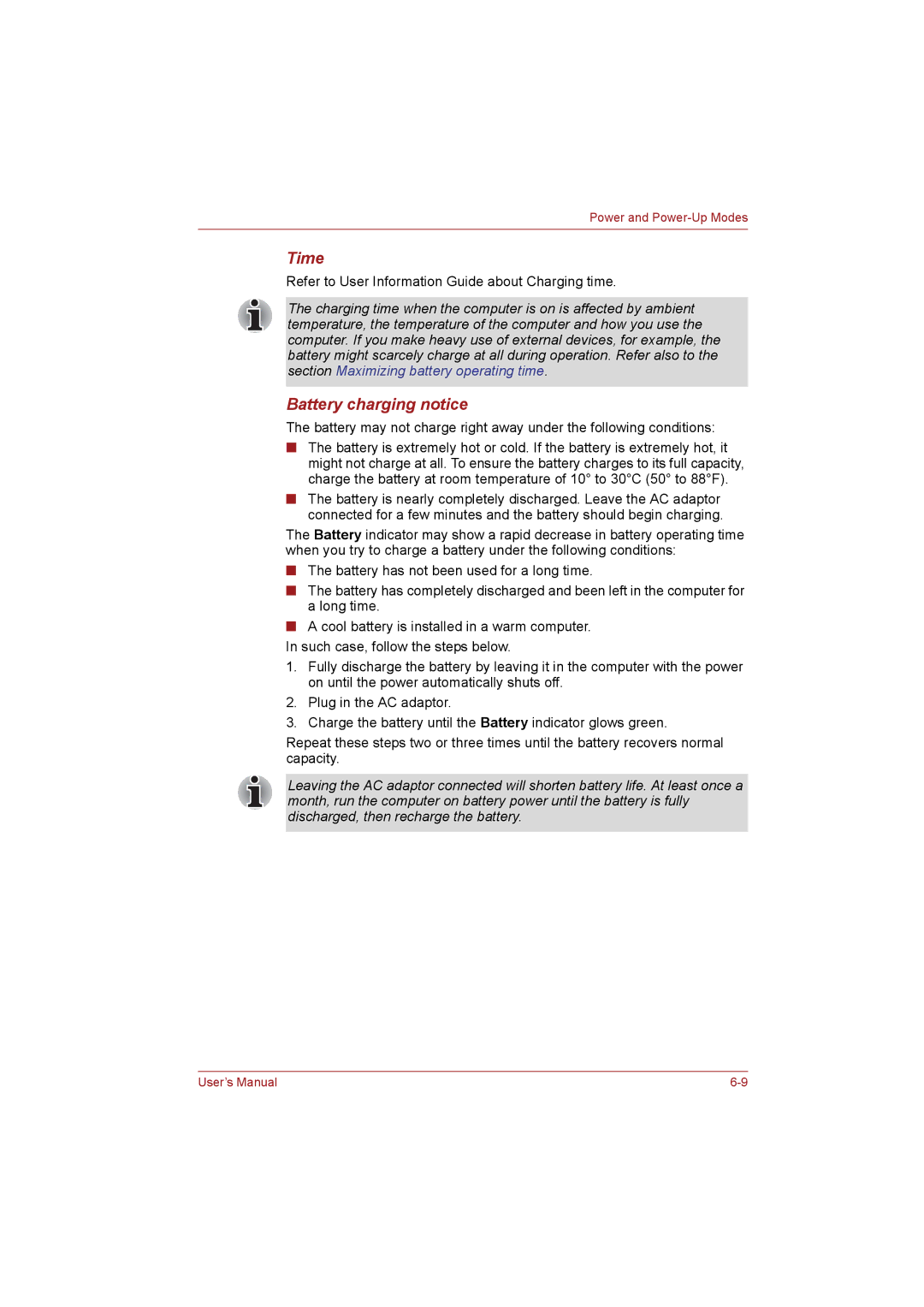 Toshiba T110 user manual Time, Battery charging notice 