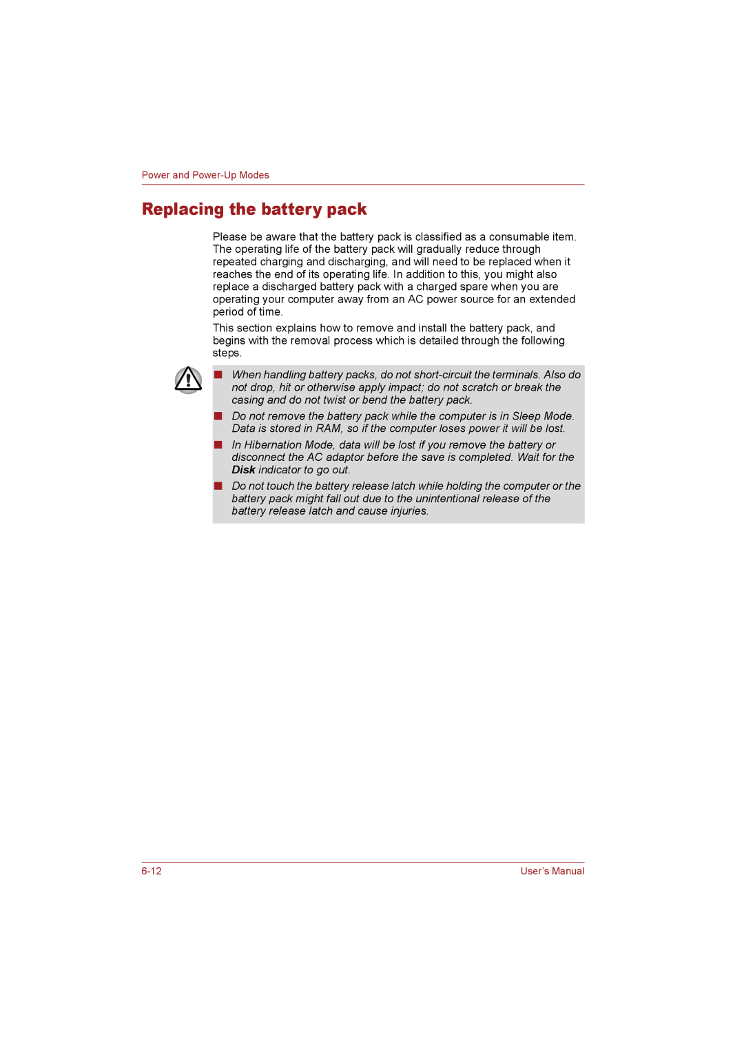 Toshiba T110 user manual Replacing the battery pack 