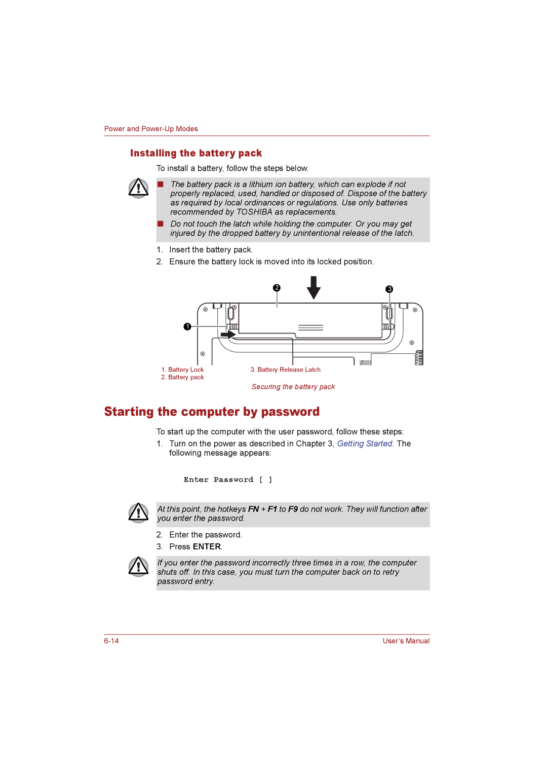 Toshiba T110 user manual Starting the computer by password, Installing the battery pack 