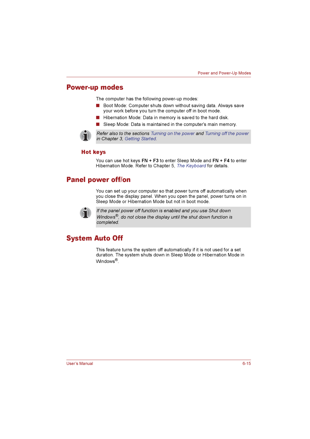 Toshiba T110 user manual Power-up modes, Panel power off/on, System Auto Off, Hot keys 