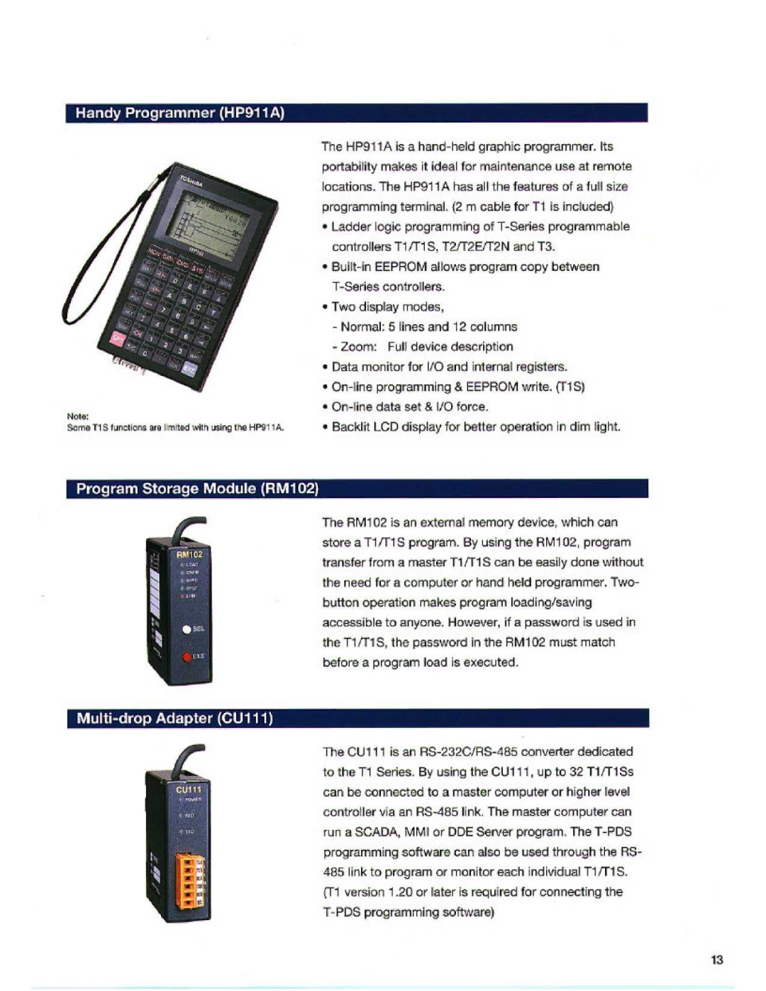 Toshiba T1 Handy Programmer HP911A, Multi-drop Adapter U111, Pr gran Storage Module RM11, On-line data set & 110 force 