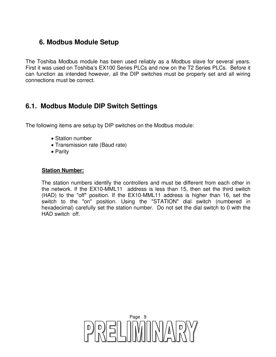 Toshiba T2 Series user manual Modbus Module Setup, Modbus Module DIP Switch Settings, Station Number 