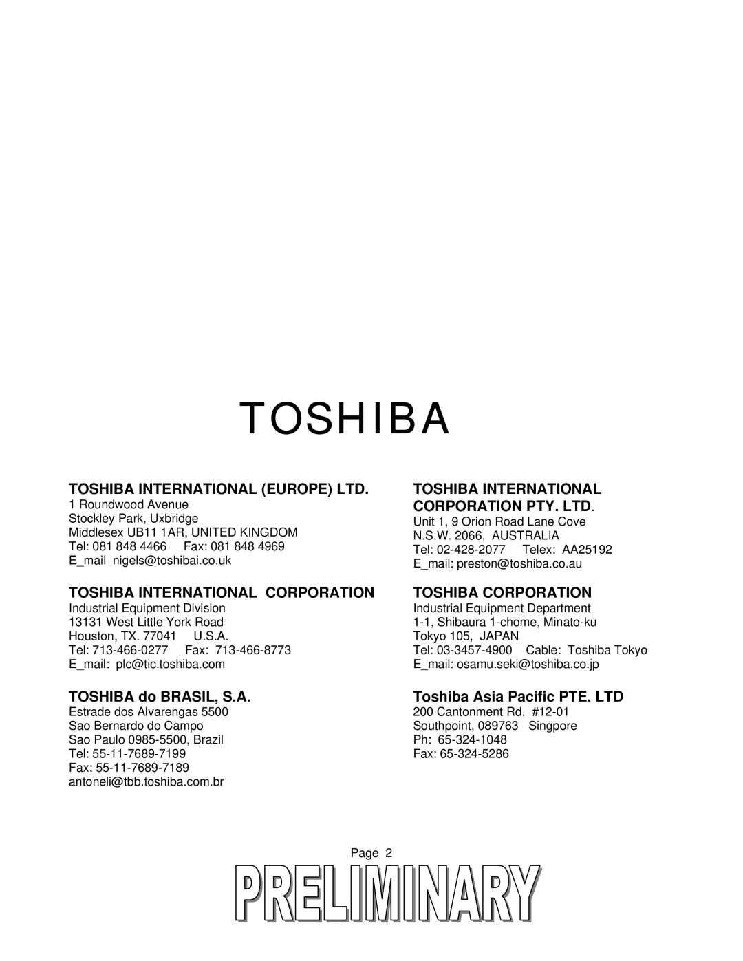 Toshiba T2 Series user manual Toshiba International Corporation Toshiba Corporation, Toshiba do BRASIL, S.A 