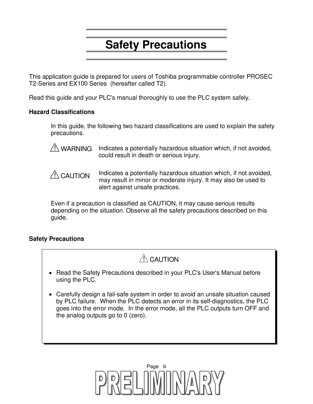 Toshiba T2 Series user manual Hazard Classifications, Safety Precautions 