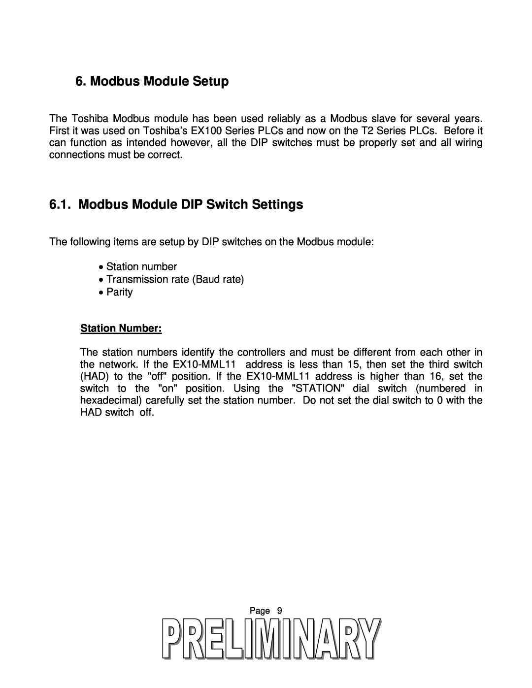 Toshiba T2 Series user manual Modbus Module Setup, Modbus Module DIP Switch Settings, Station Number 