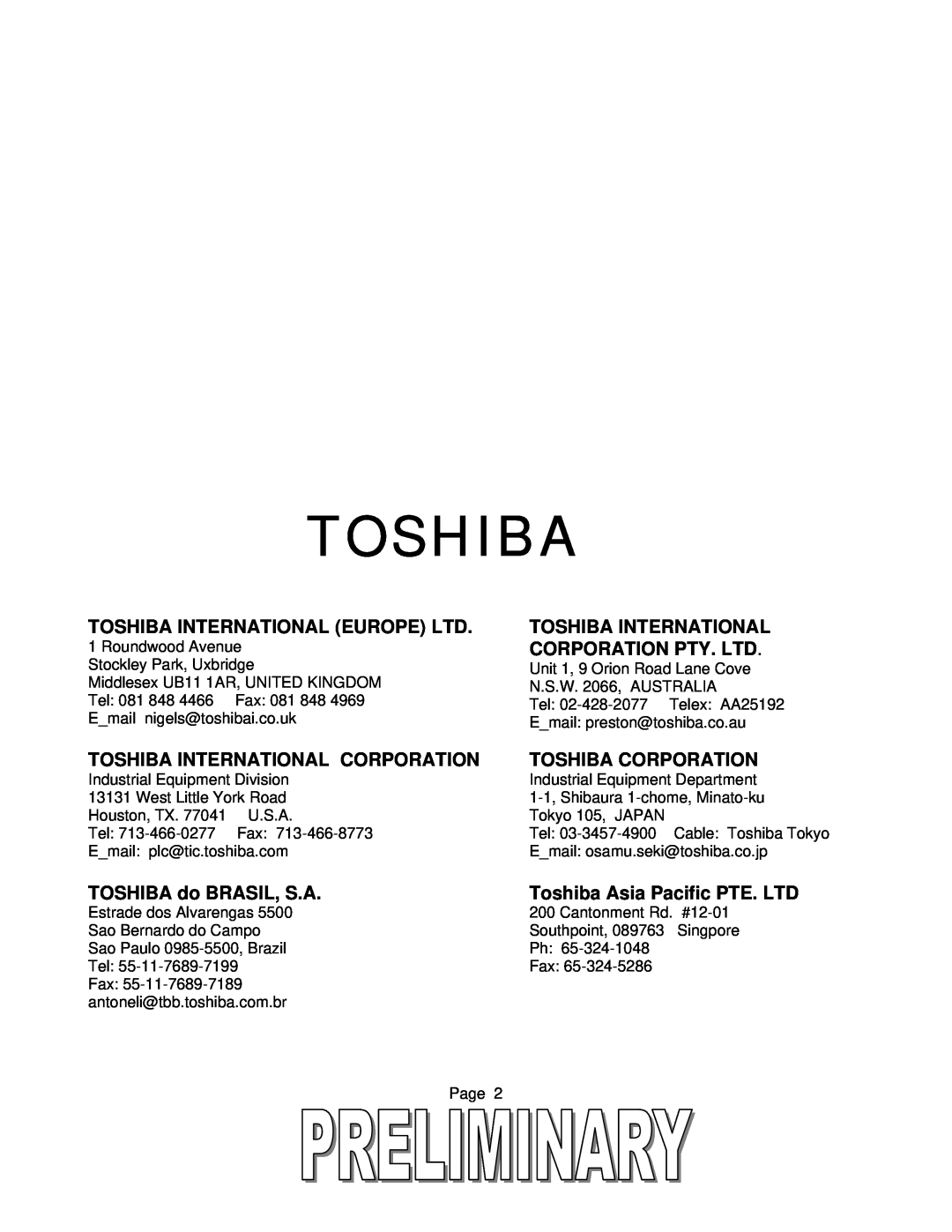 Toshiba T2 Series user manual Toshiba International Corporation, Toshiba Corporation, TOSHIBA do BRASIL, S.A 