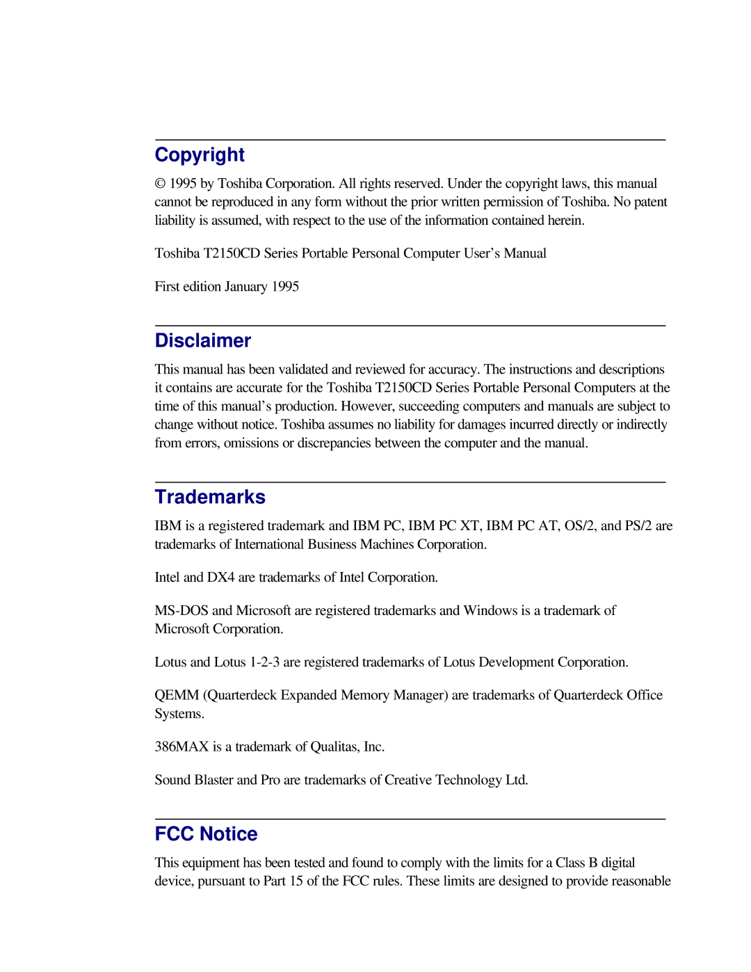 Toshiba T2150CD user manual Copyright, Disclaimer, Trademarks, FCC Notice 