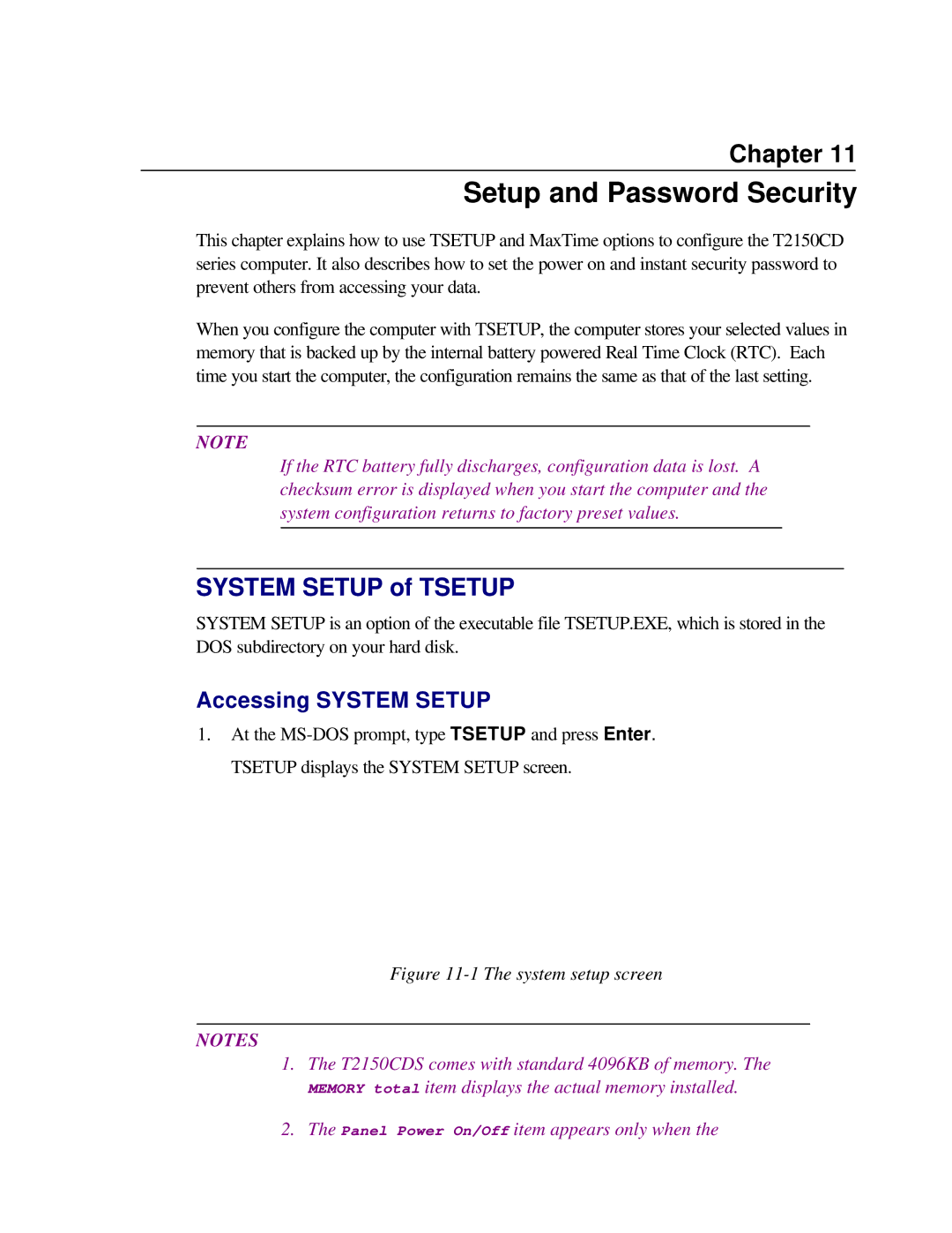 Toshiba T2150CD user manual Setup and Password Security, System Setup of Tsetup, Accessing System Setup 