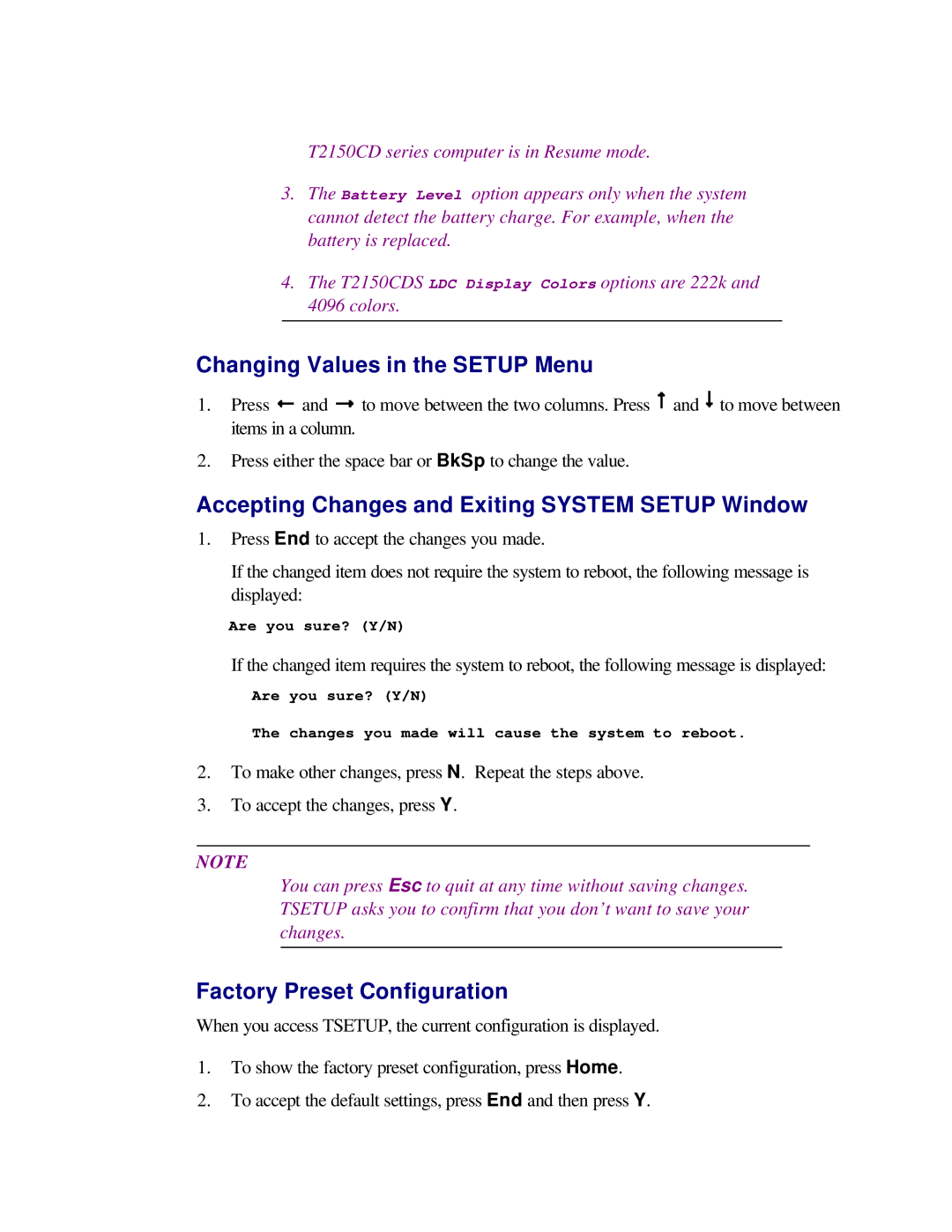 Toshiba T2150CD user manual Changing Values in the Setup Menu, Accepting Changes and Exiting System Setup Window 