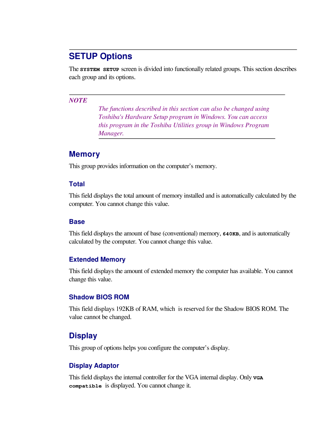 Toshiba T2150CD user manual Setup Options, Memory 